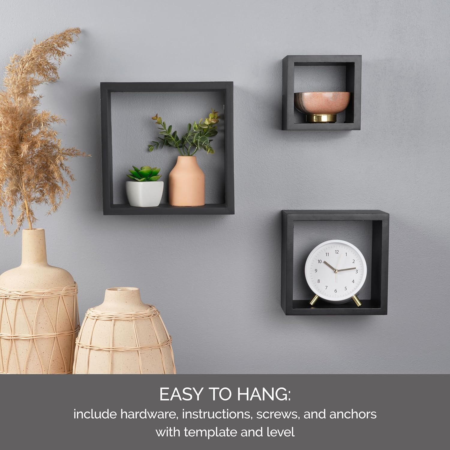 Floating Wall Square Cube Shelves / Black / Set of 3