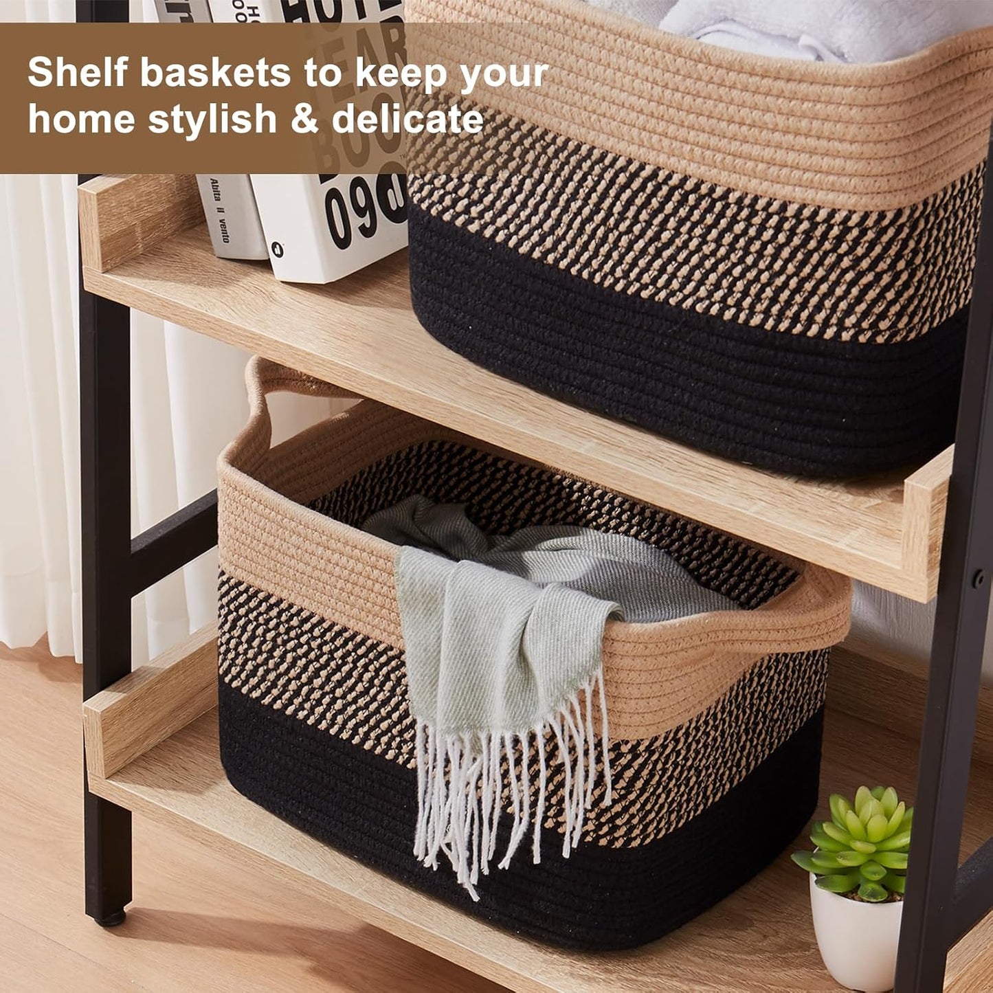 Woven Baskets for Storage / Black & Brown / 13 x 9.85 x 8.7