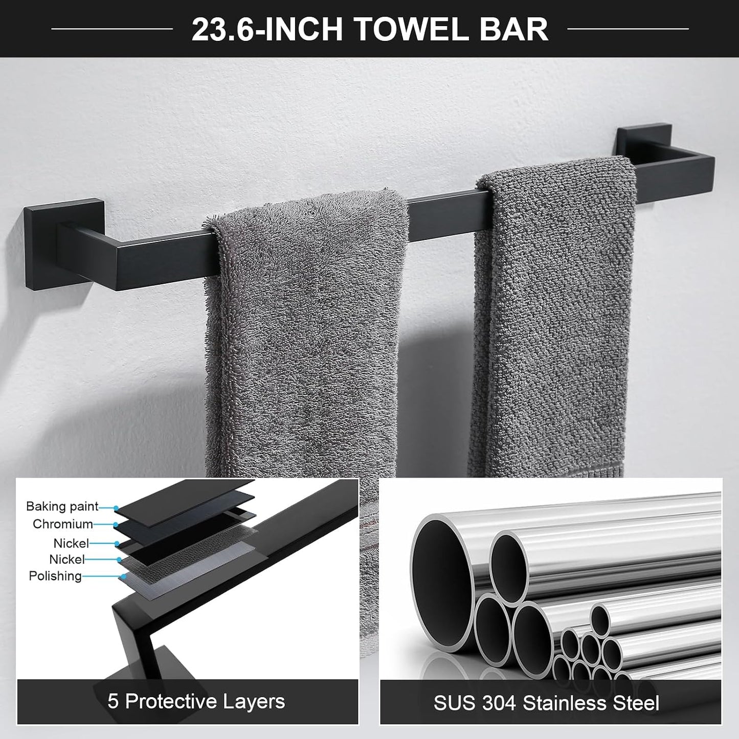 TQKAG 6-Piece Towel Bar Set, 23.6 Inch Bathroom Hardware Set, Matte Black | Stainless Steel, Wall Mounted, Black