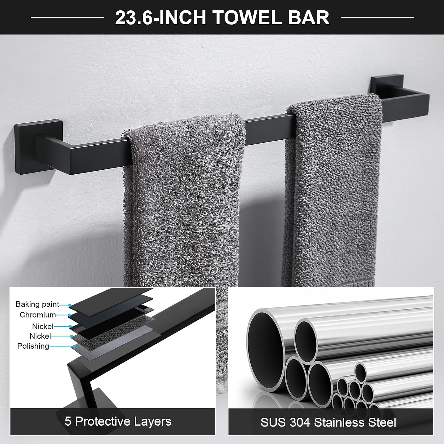 TQKAG 6-Piece Towel Bar Set, 23.6 Inch Bathroom Hardware Set, Matte Black | Stainless Steel, Wall Mounted, Black
