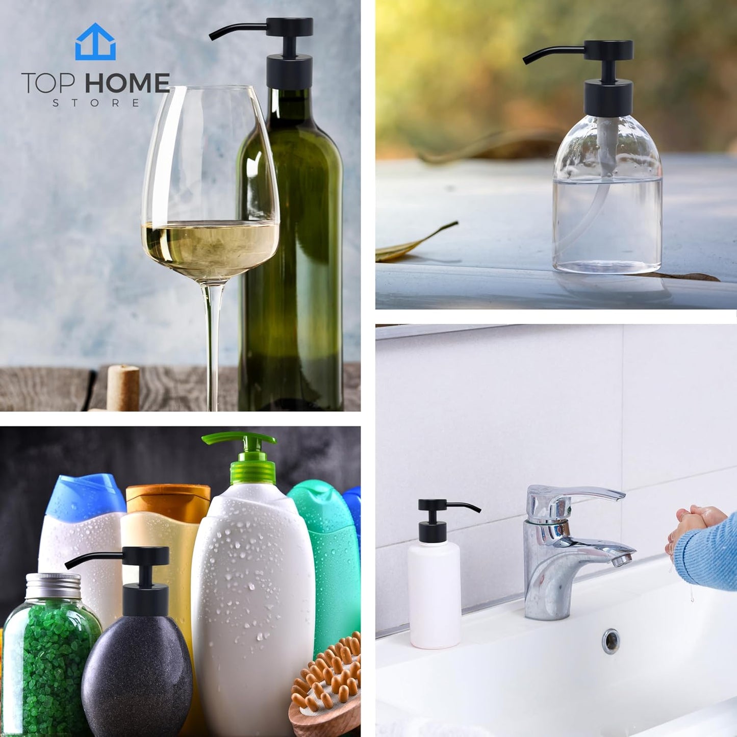 Flat-Top Soap & Lotion Dispenser Pumps, Black Matte, 4-Pack