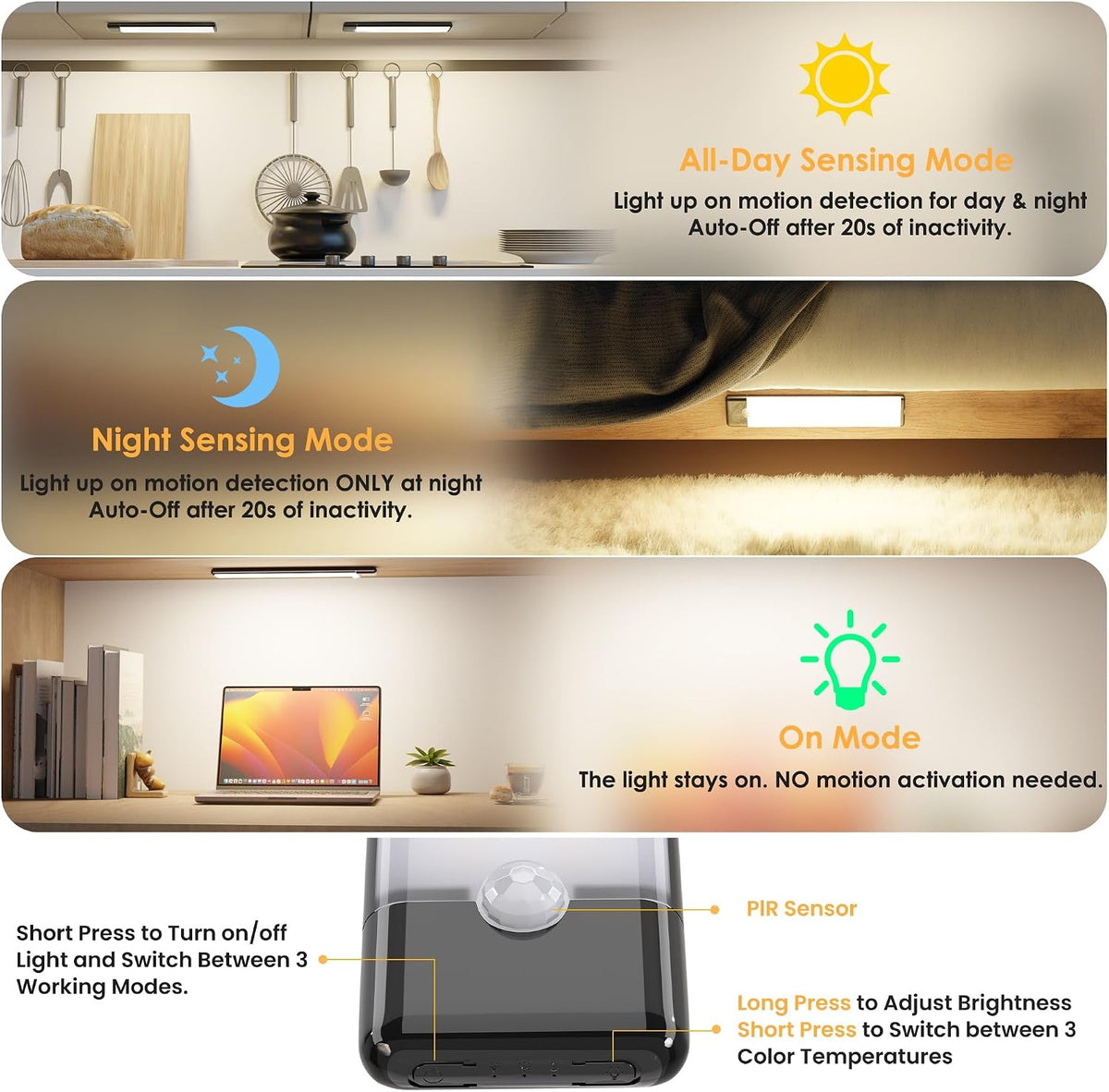 5-Pack Motion Sensor Under Cabinet Light, 3CCT, 7.9 inch, Black | 3 Color Temperature, Dimmable, Rechargeable, Magnetic