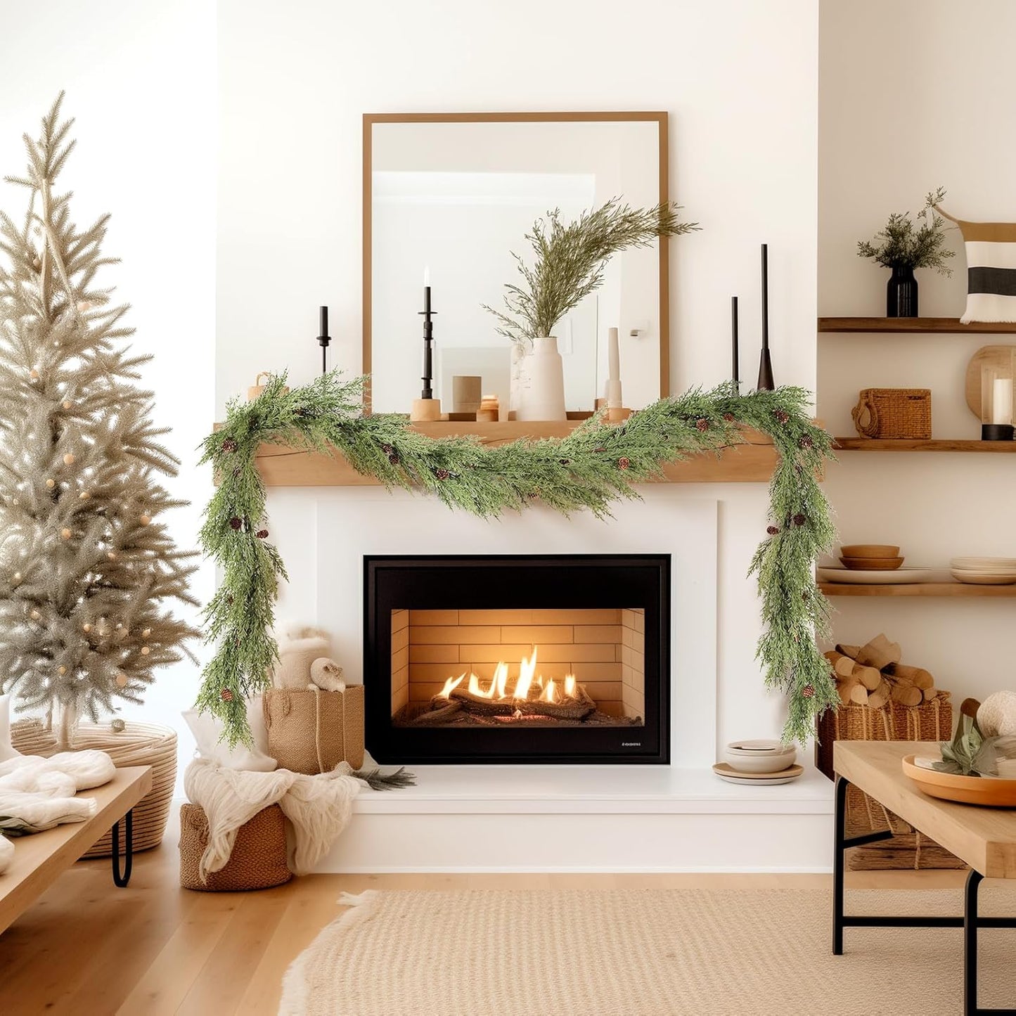 WBHome 2pcs Real Touch Cypress Cedar & Pine Cone Evergreen Garland for Christmas Holiday Seasonal Outdoor/Indoor Home
