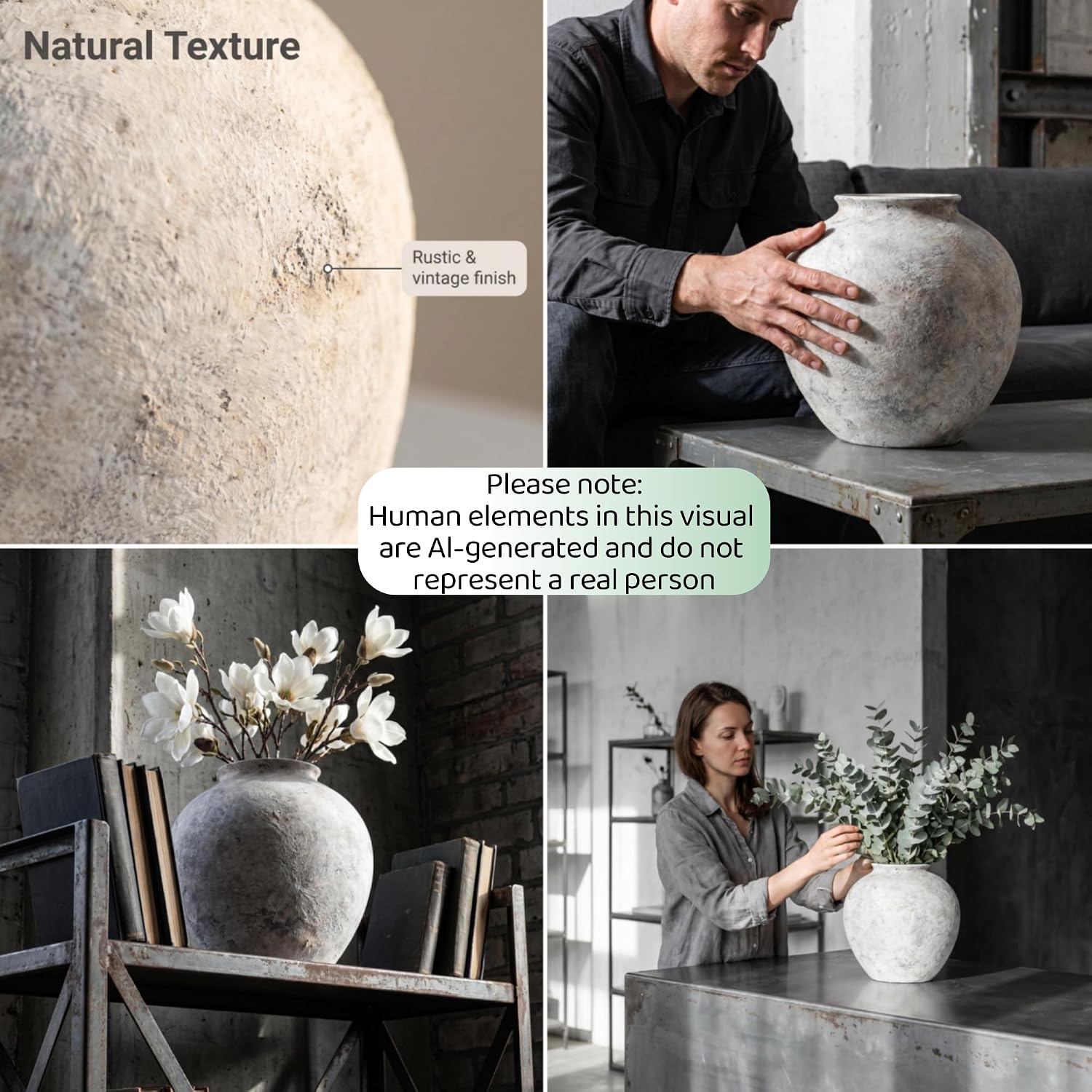 Aged Stone Rustic Ceramic Farmhouse Home Decor Dried Flower Vase / L Off-white / 8.3 Inch