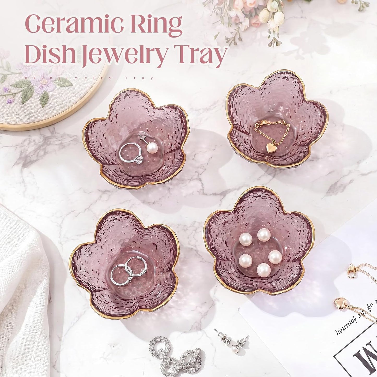 Jewelry Dish Small Flower Ring Holder Trinket Tray for Earrings Key / Purple / Glass / Set of 4