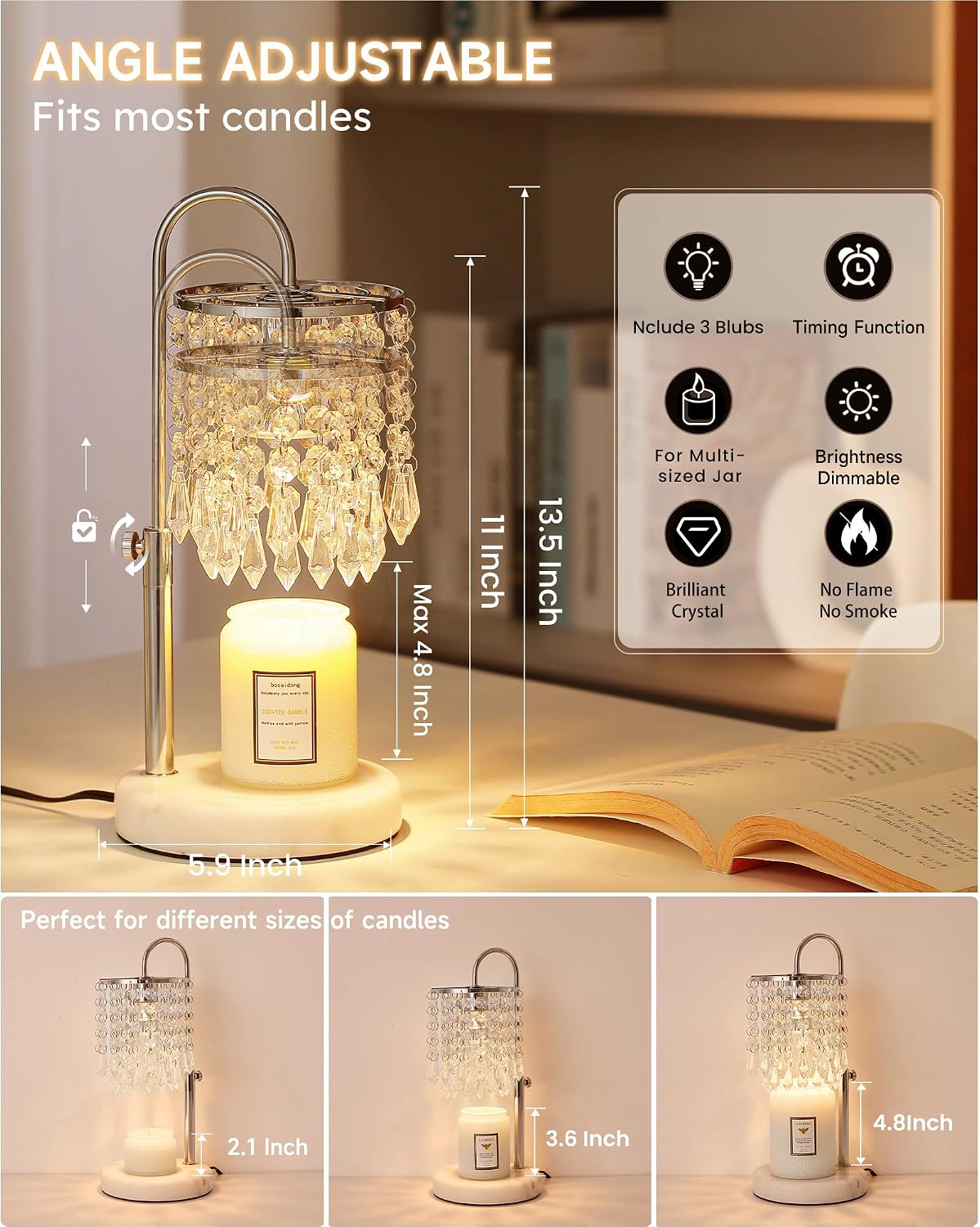 Candle Warmer Lamp with Timer Dimmer and 3 Bulbs, Candle Lamp Warmer with Marble Base for Adjustable Height, Crystal