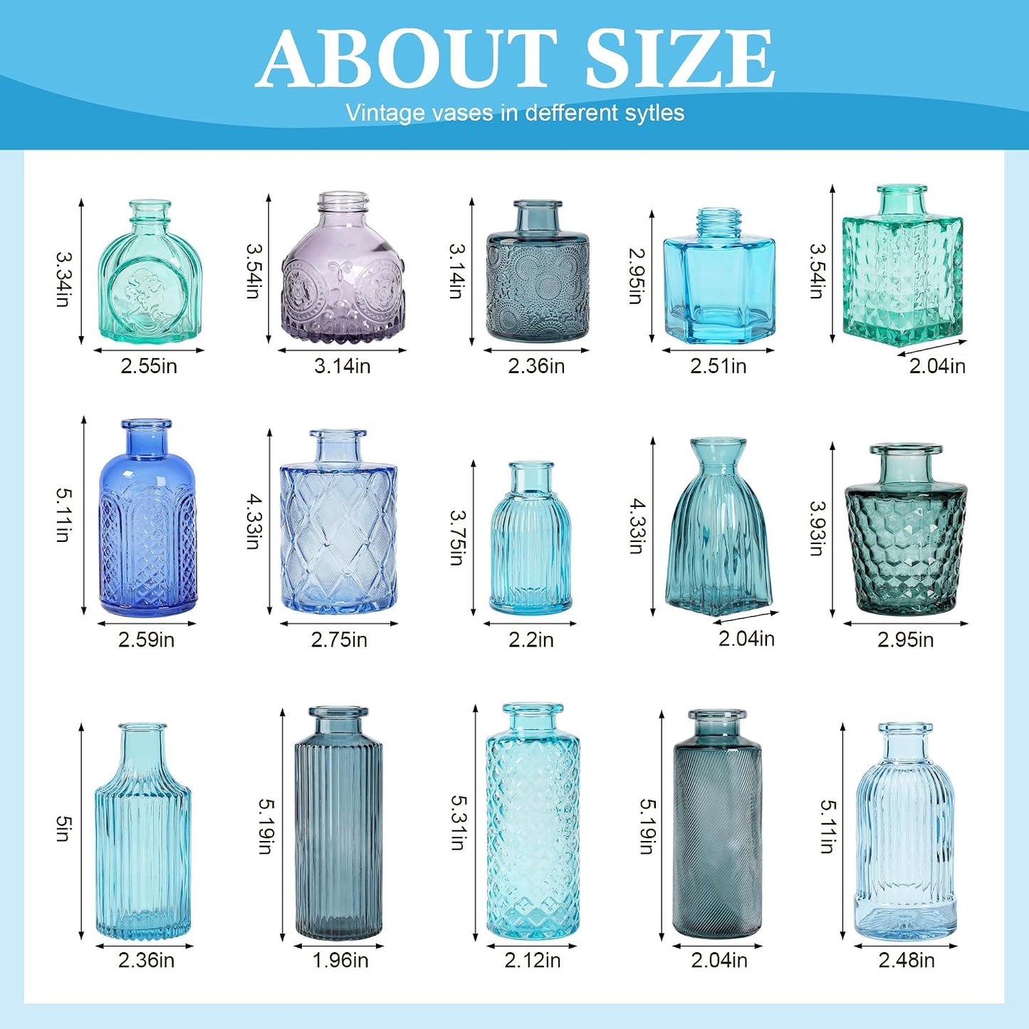 Blue Glass Bud Vases / Blue Series / Set of 15