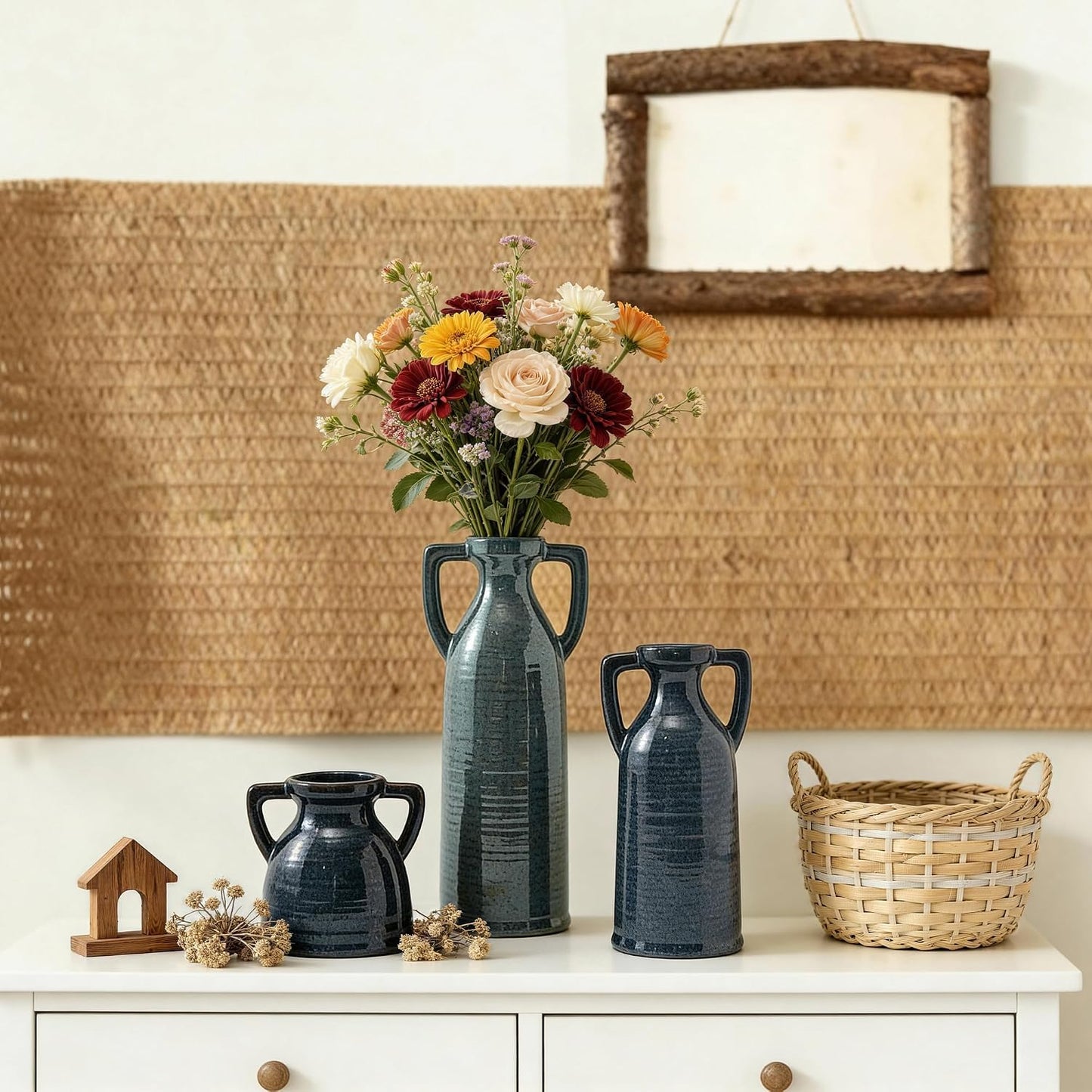 Rustic Vases Set for Flower Centerpieces Pampas Grass / 105-blue / Set of 3
