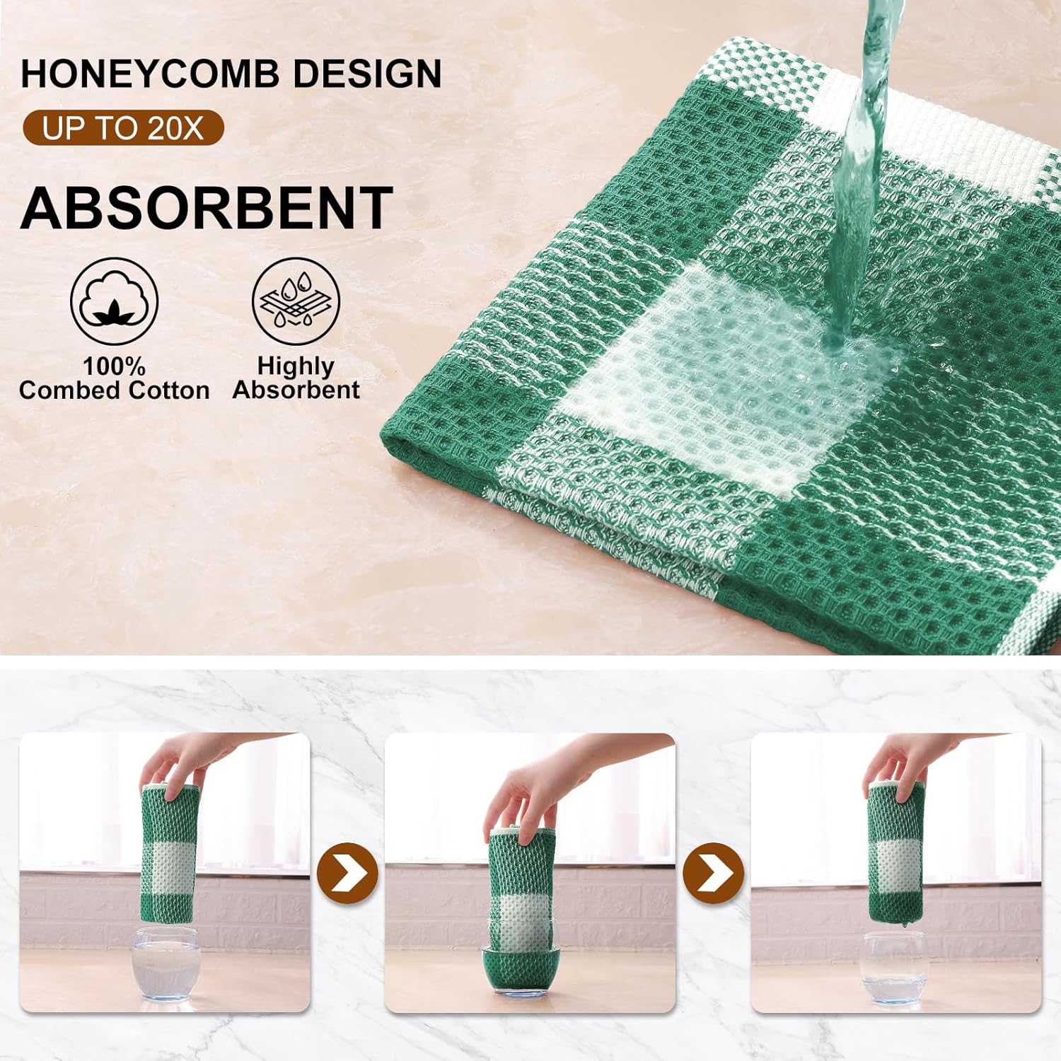 Mordimy 8 Pack Kitchen Towels and Dishcloths Set, Dark Green & White | 28 X 13 Inch and 12 X 12 Inch, Super Soft