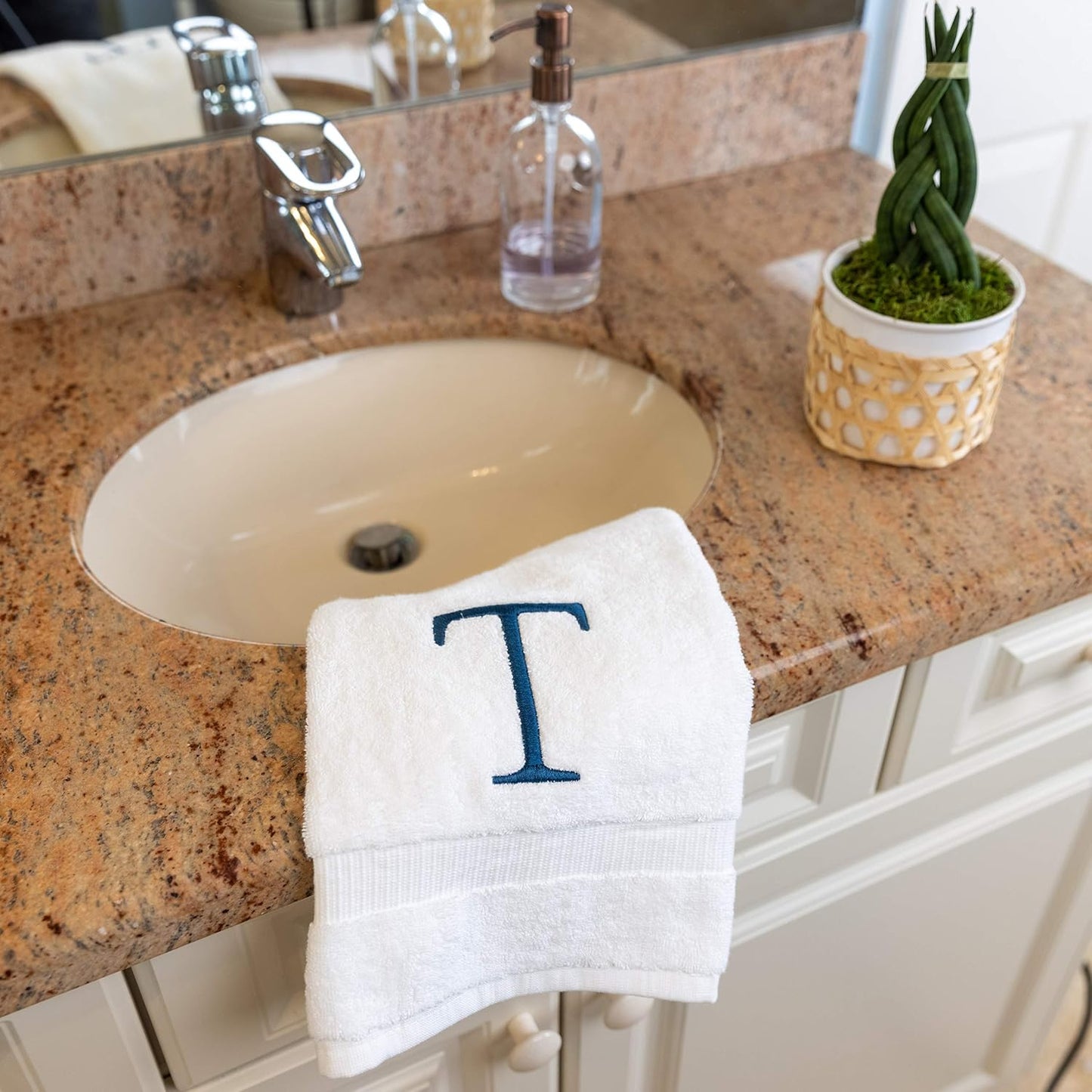 White with Navy Monogrammed Hand Towels for Bathroom - Set of 2 Letter T | Luxury Hotel Quality Initial Towels For