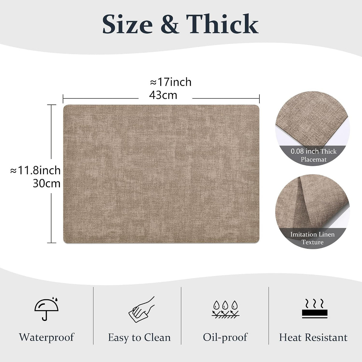 FROMHEART Faux Leather PU Placemats Set of 12 (Light Coffee,11.8" x 17") | Waterproof,Heat/Oil Stain-Resistant Table