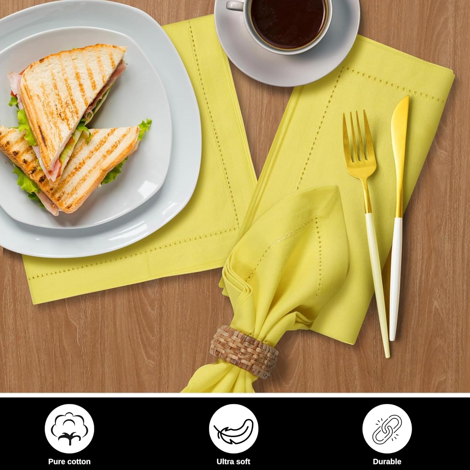 Bedding Craft Hemstitched Cotton Cloth Dinner Napkins Set of 12 – 18x18 Golden Kiwi – Reusable Machine Washable Fabric