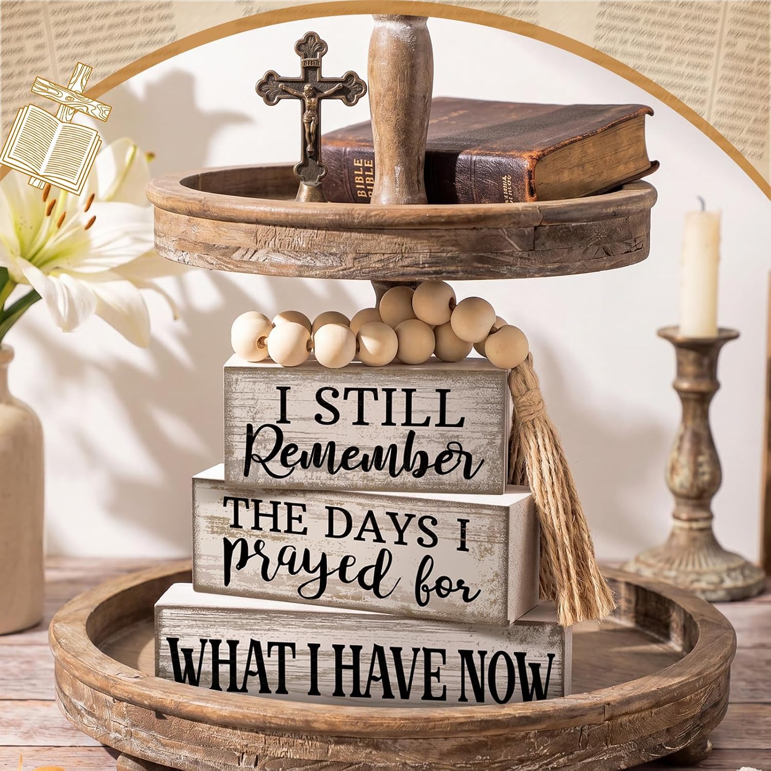 Farmhouse Wooden Tabletop Decor Rustic Retro Wood Bead Garland I Still Remember / Prayed / Set of 4
