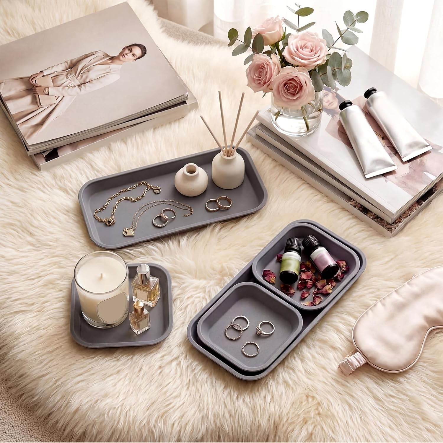 Mini Silicone Bathroom Trays Multifunctional Bathroom Counter Tray / Dark Gray / 7 Inch / Set of 6