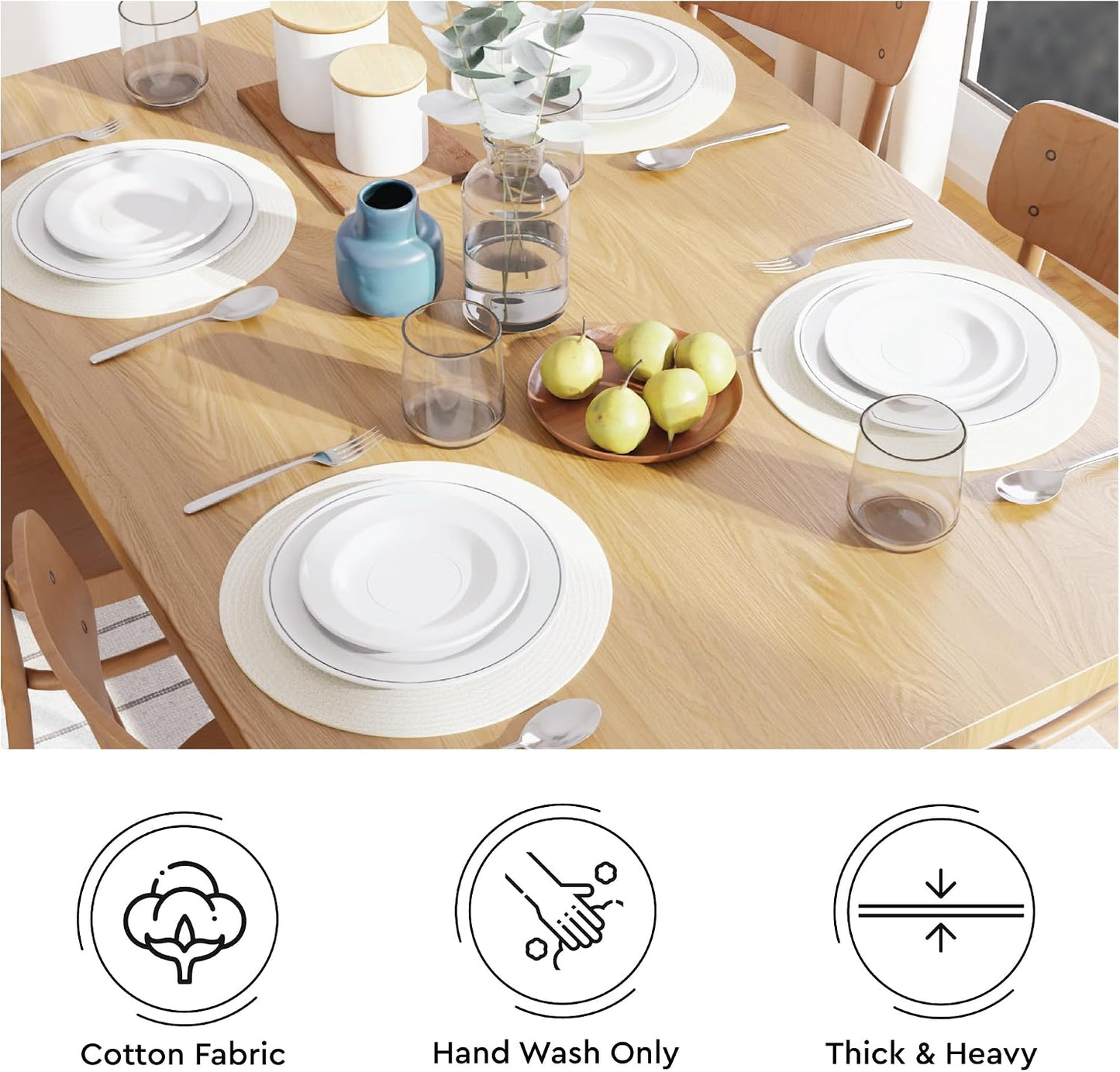 Encasa XO Placemats, Round Cotton Dining Table Mats 13" | Off White, Handcrafted Ribbed Texture | Heat Resistant