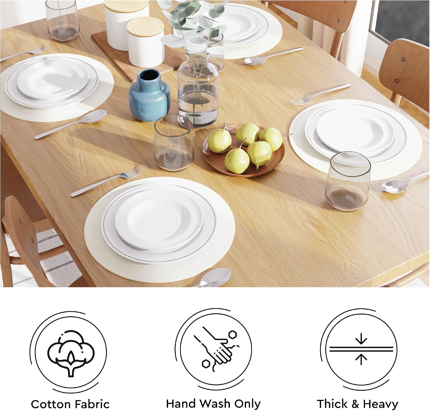 Encasa XO Placemats, Round Cotton Dining Table Mats 13" | Off White, Handcrafted Ribbed Texture | Heat Resistant