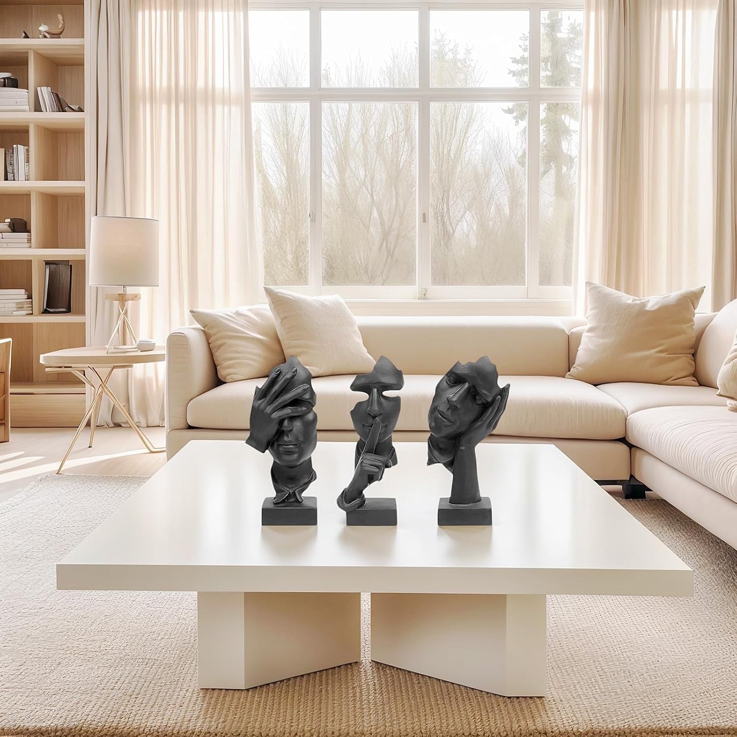 Thinker Statue / Silence is Gold Abstract Art Figurine / Small / Black / Set of 3