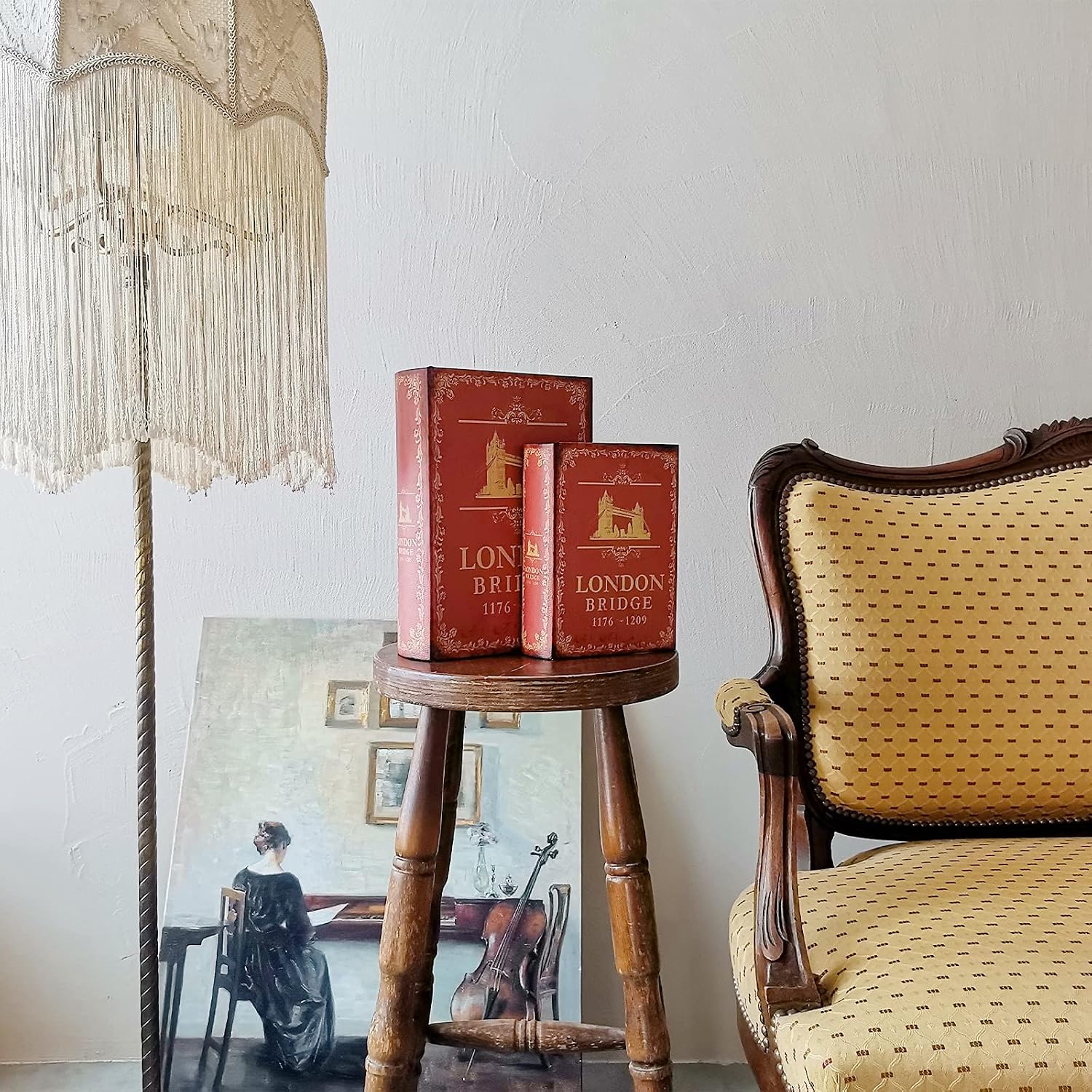 Decorative Book Box Antique Wooden Realistic Faux Wood Storage Set / London Bridge / Set of 2