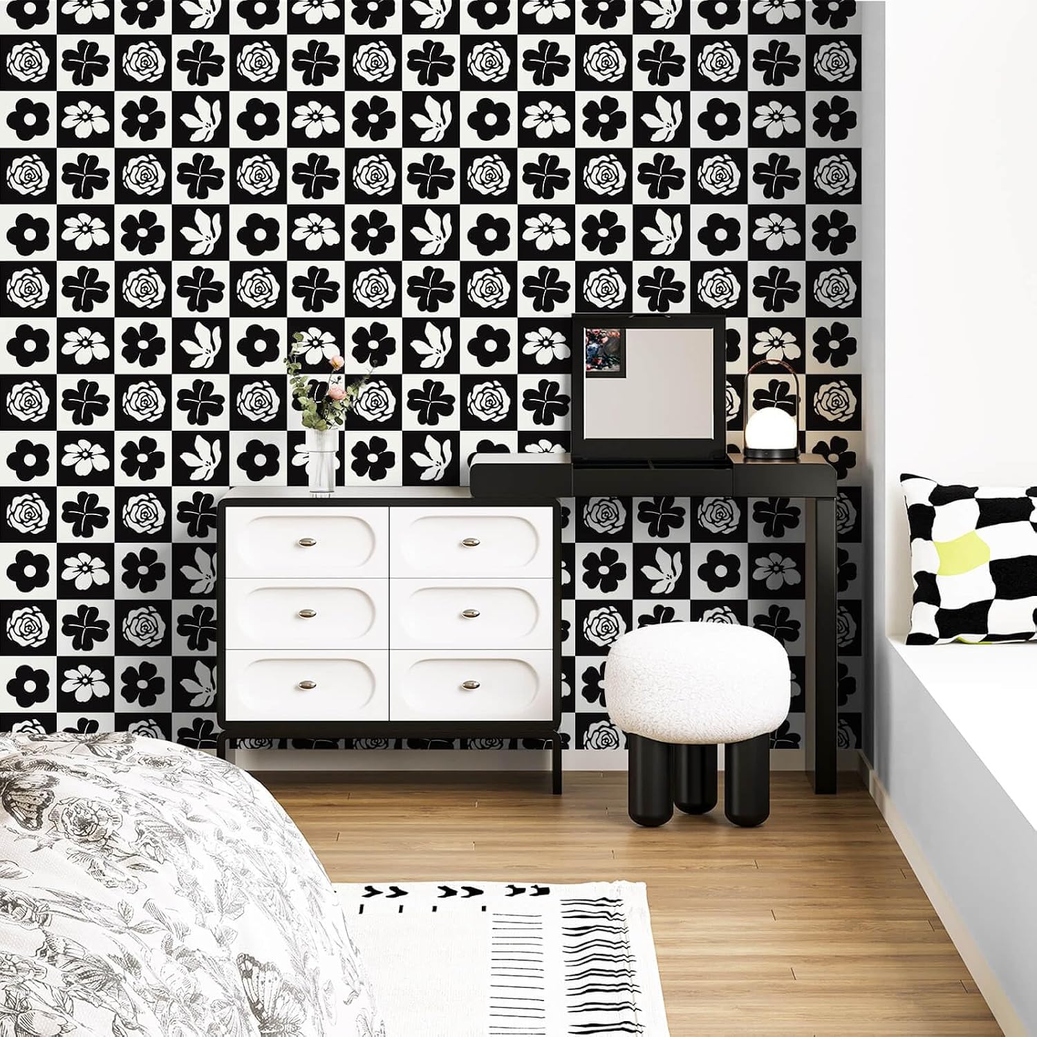 Black and White Wallpaper Peel and Stick Checkerboard Plaid Contact Paper / 17.3 x 196 / Black/white