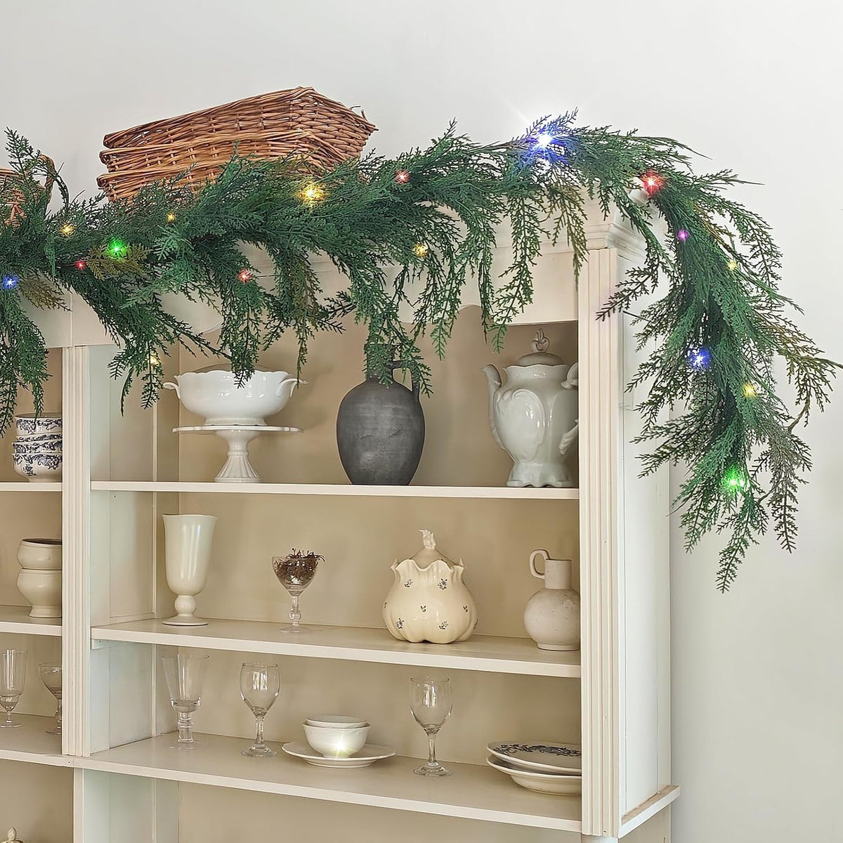 Christmas Cedar Garland Realistic with Lights - Cypress Decorations 9ft for Mantle Lighted Faux Pine Garlands for Xmas