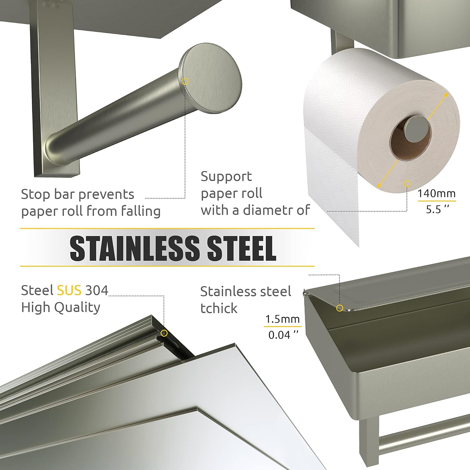 Brushed Nickel Toilet Paper Holder Wall Mounted with Shelf & Wipes Storage – Stainless Steel SUS304 Modern Toilet