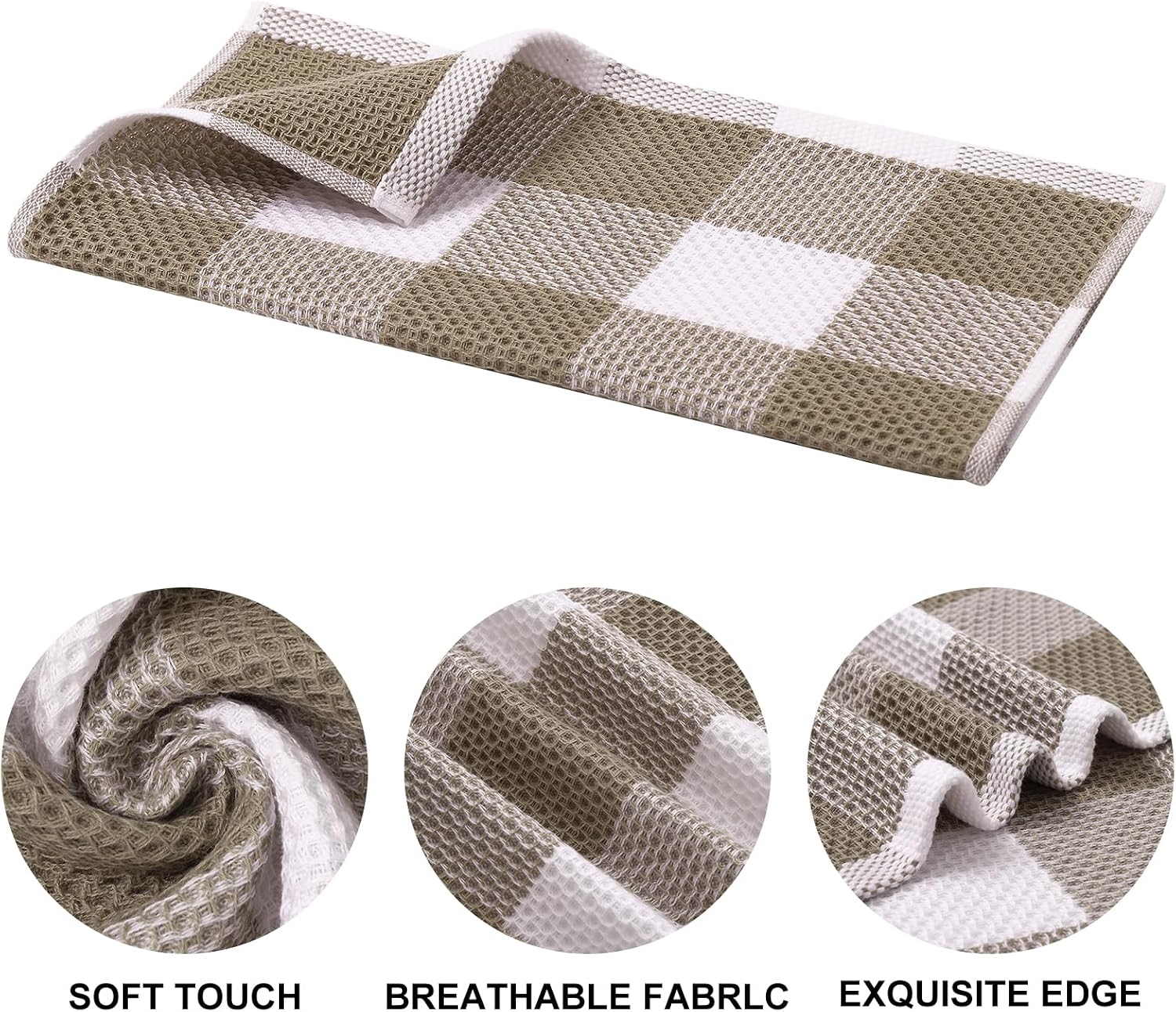 Mordimy Cotton Waffle Kitchen Towels, 13"x 28", 6 Pack, Khaki & White | Super Soft and Absorbent Buffalo Check, Durable