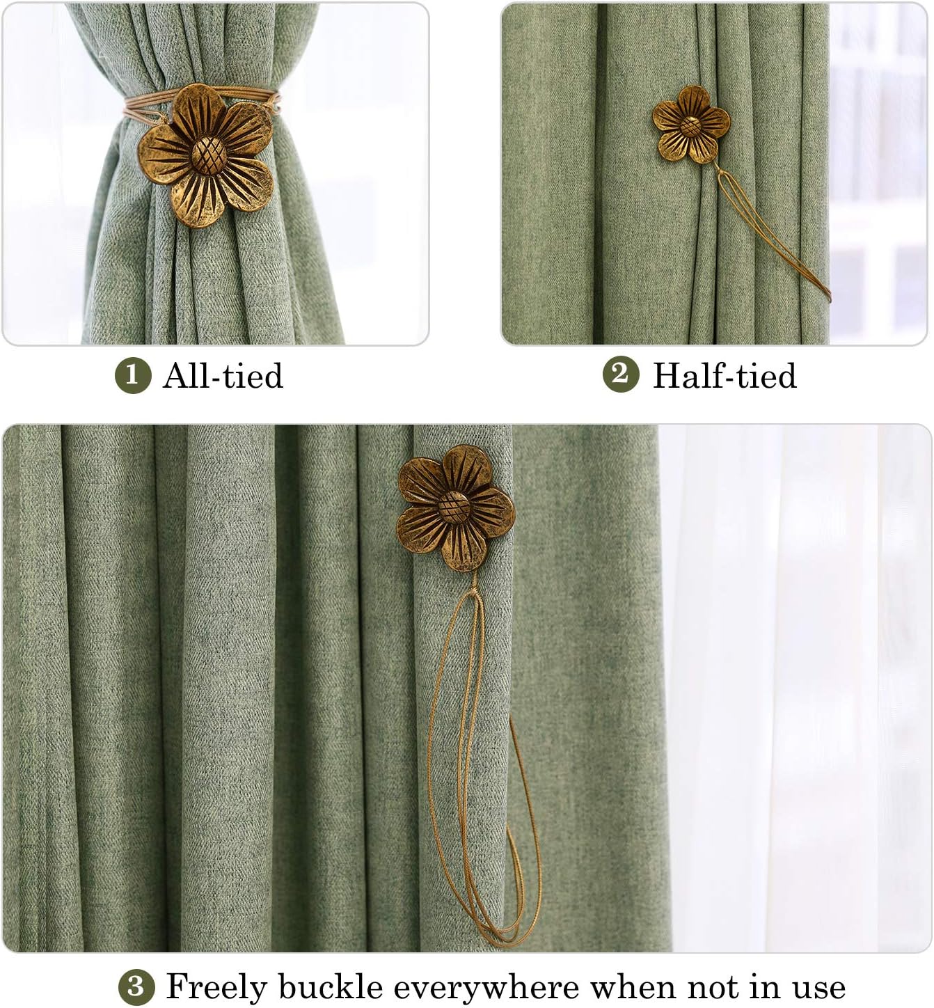 Lewondr Magnetic Curtain Tiebacks, Flower Vintage Curtain Holdbacks, Coffee | 2 Pairs, Resin Curtain Ties with Rope
