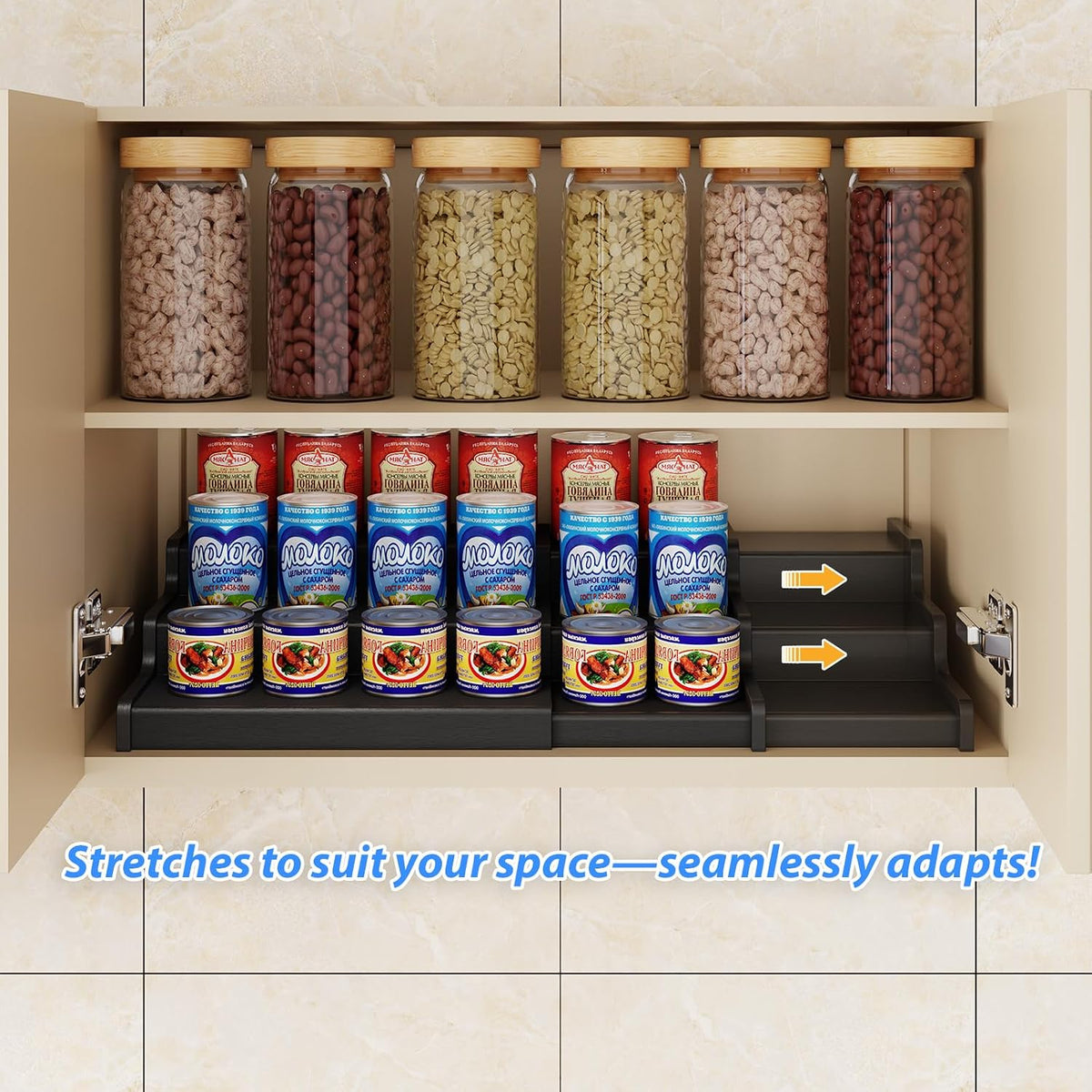 3-Tier Expandable Bamboo Can Organizer for Pantry, Holds 24 Cans, Black | Adjustable Can Storage Rack for Pantry, Can