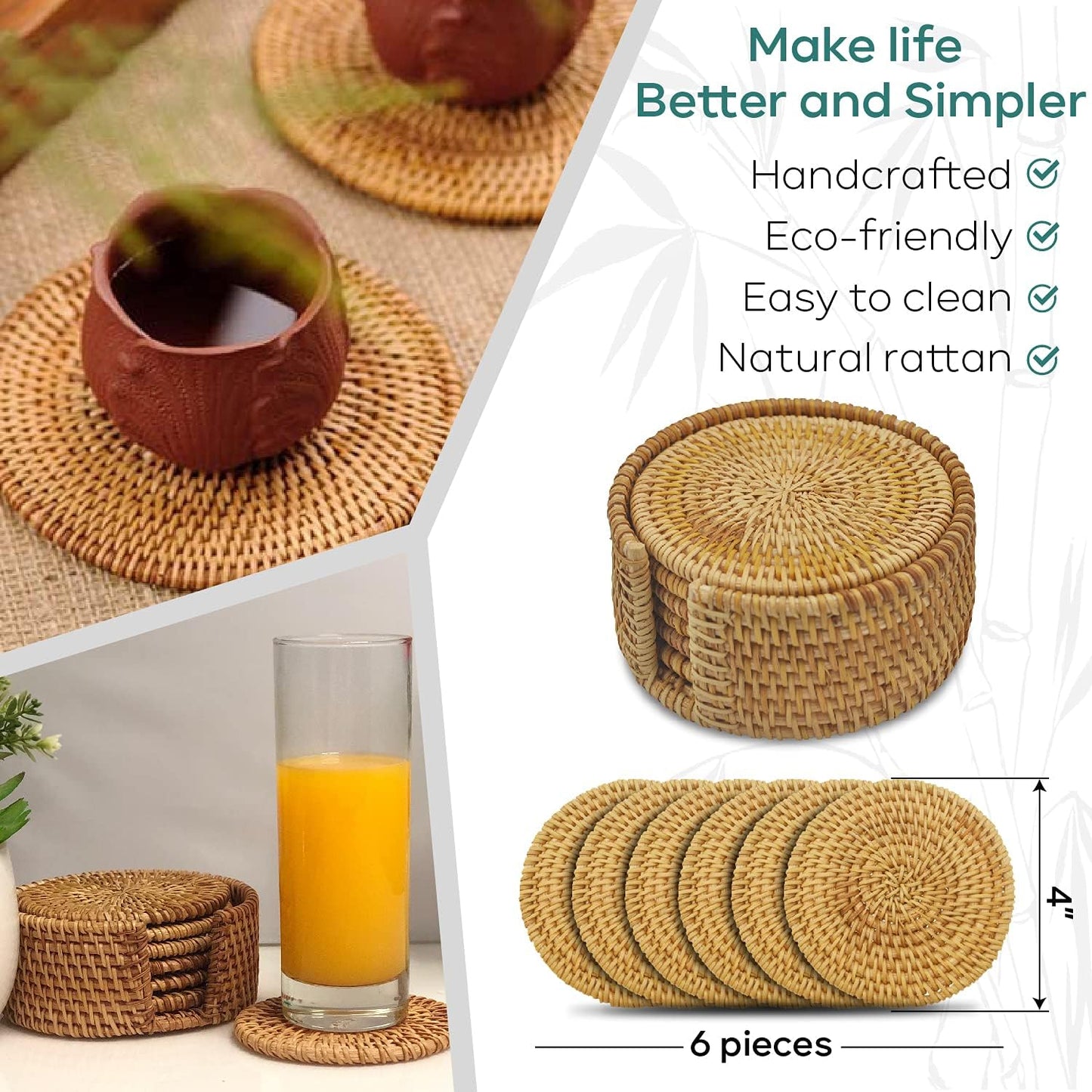 Holder / Wicker Boho Woven Coasters / Natural / Set of 6