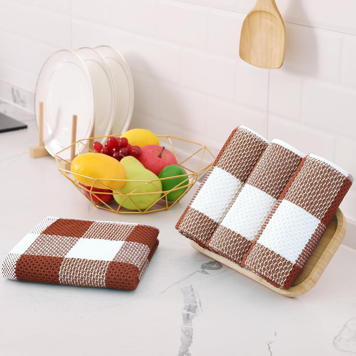 Homaxy Kitchen Towels and Dishcloths Set, Set of 12, White & Rust | Bulk Cotton Waffle Weave Check Plaid Kitchen