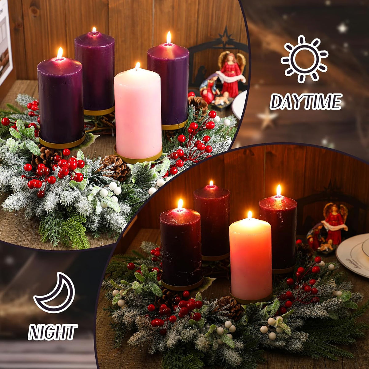 Reallnaive Large Christmas Advent Wreath Candle Holder with Norfolk Pine, Cedar, Mistletoe 19 Inch Rustic Advent