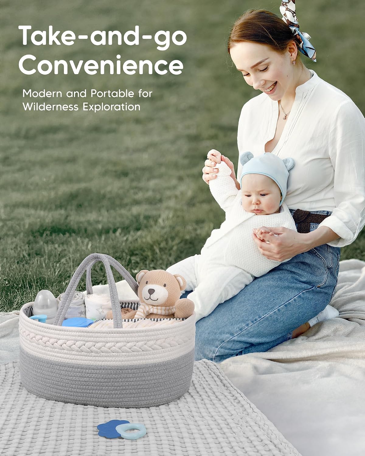 Diaper Caddy Organizer for Baby Boy- Cotton Rope for Changing Table / Large / Grey
