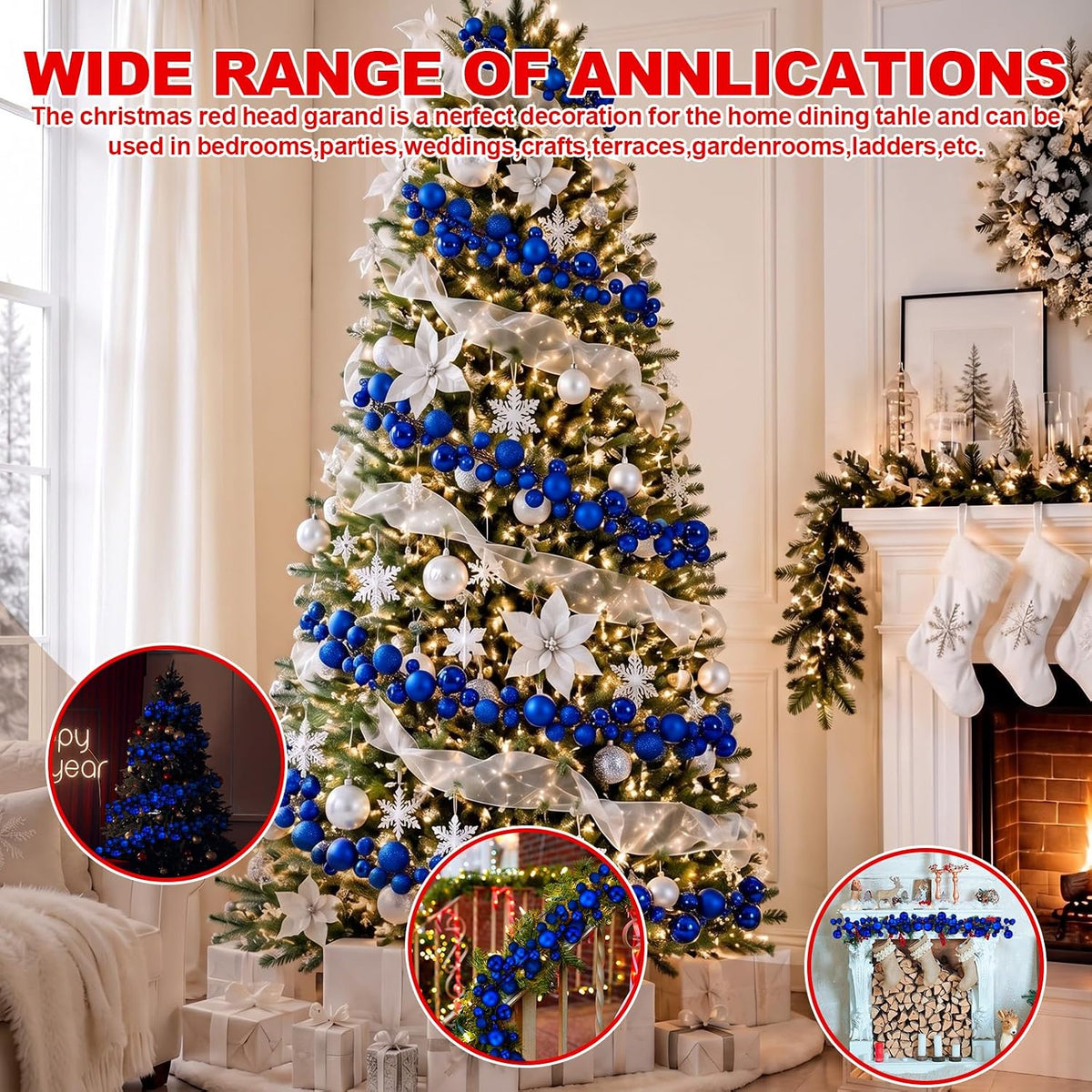2 Pcs 6 ft Christmas Ball Ornament Garland, Mixed Navy Blue | Bauble Bulb Christmas Tree Ball Decoration Shatterproof