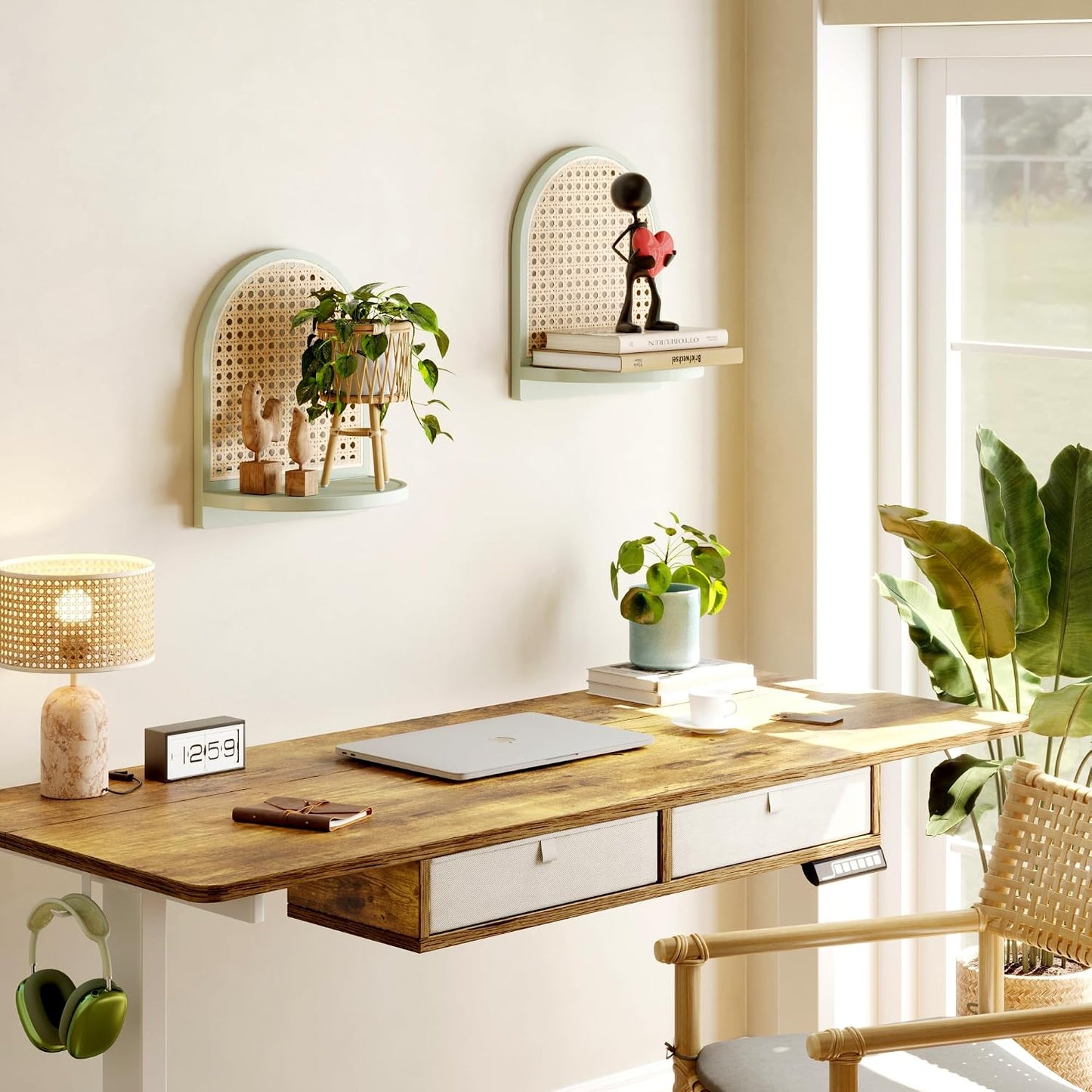 Boho Wall Decor Small Floating Shelf for Plant Figurines / Green / 9.25*5.41*11.61 Inch / Set of 2