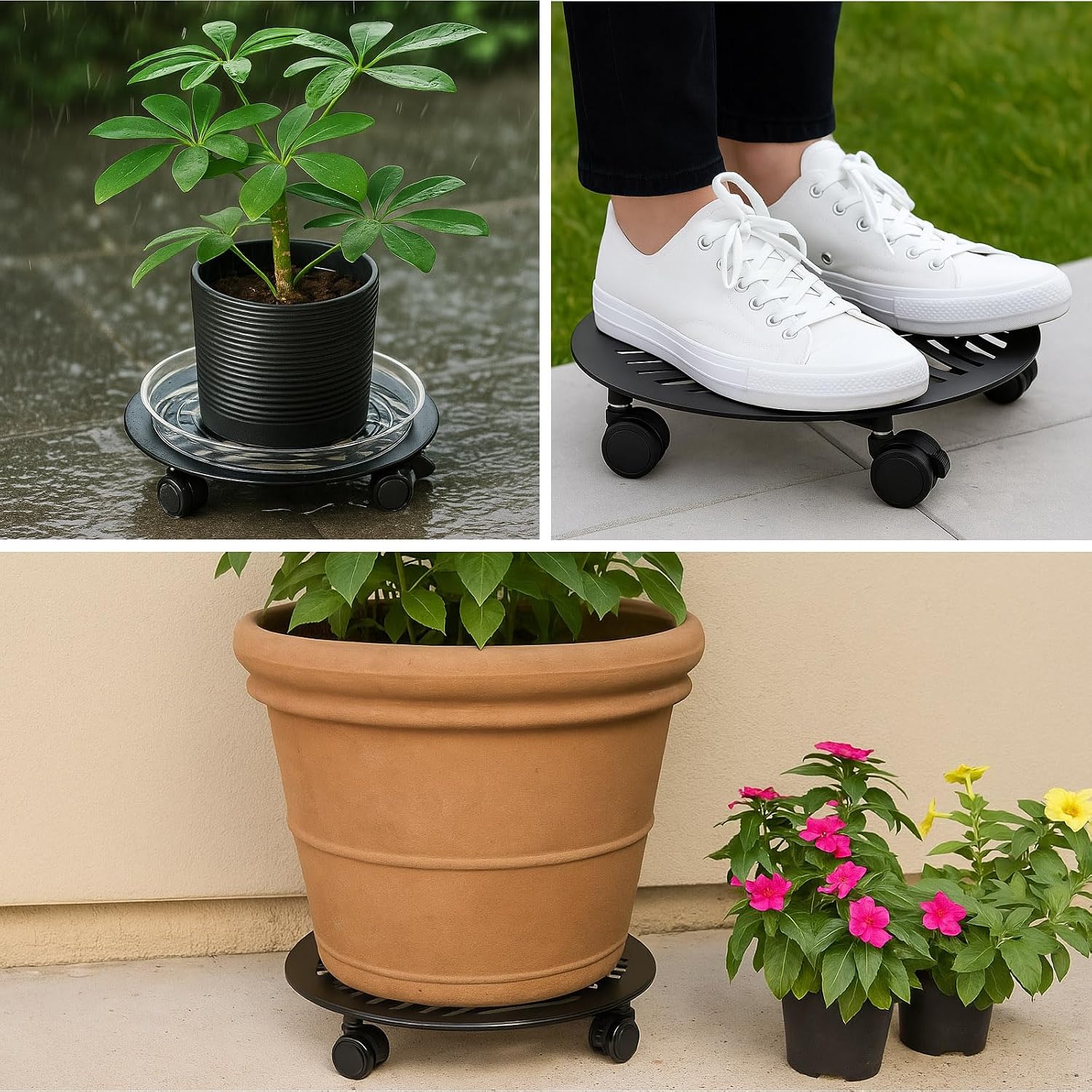 4 Packs Large Metal Plant Caddy with PU Wheels 13" Heav-Duty Wroght Iron Rolling Plant Stands Indoor Outdoor Wheeled