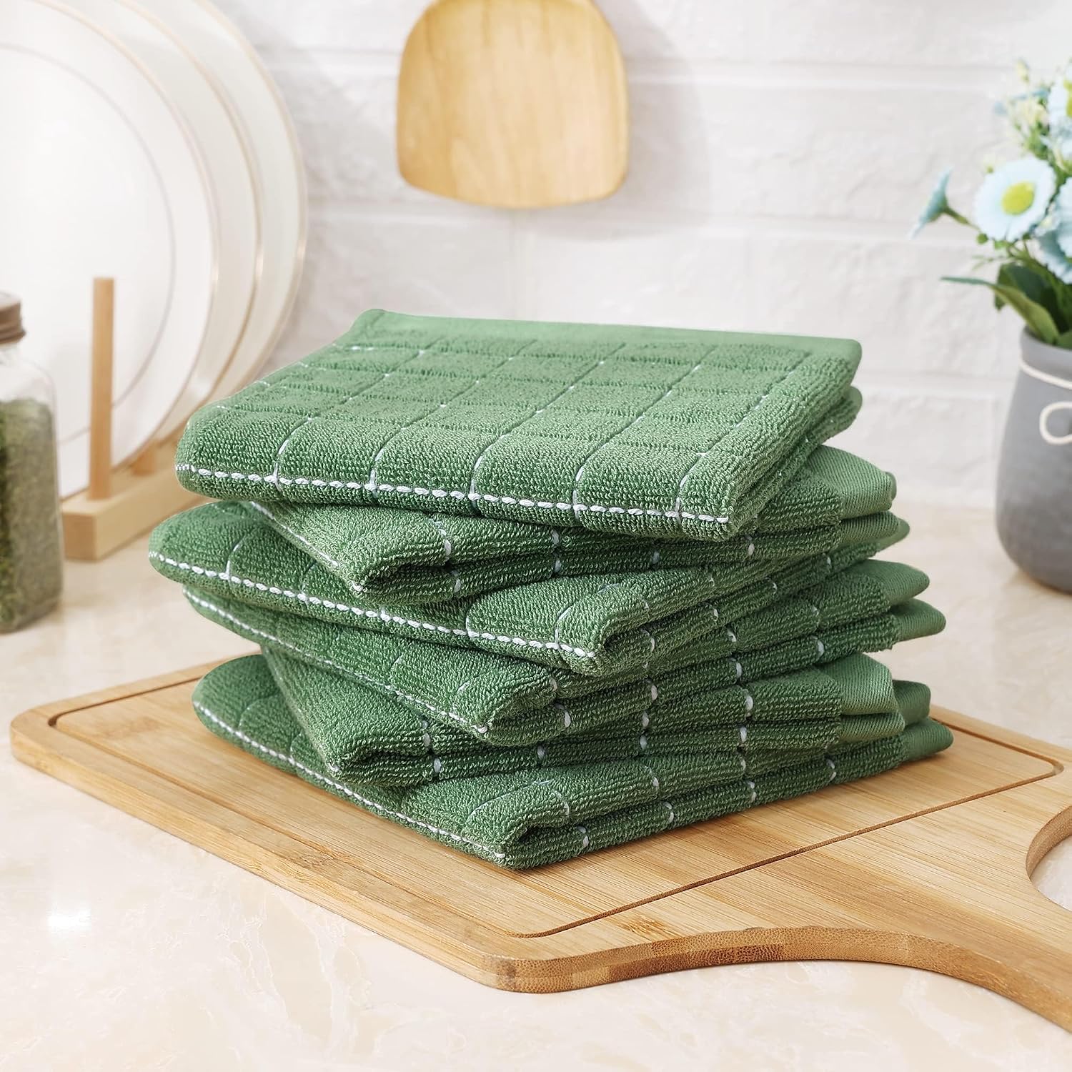 Homaxy 100% Cotton Terry Kitchen Dish Cloths, 12 Pack, Grass Green | Ultra Soft and Absorbent Dish Towels for Kitchen