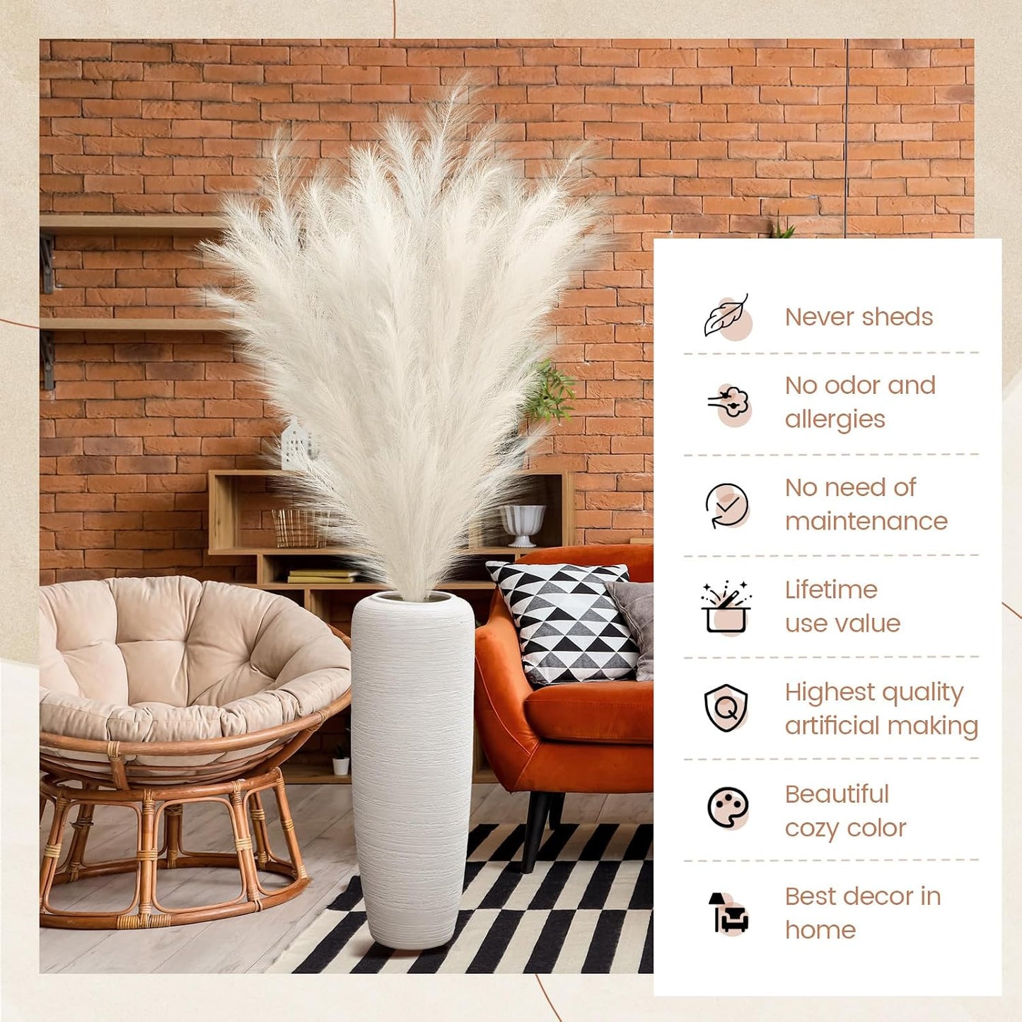 71'' Large Faux Pampas Grass Decor Tall Faux Pampas Grass Splicable Fake Dried / Beige / Set of 5