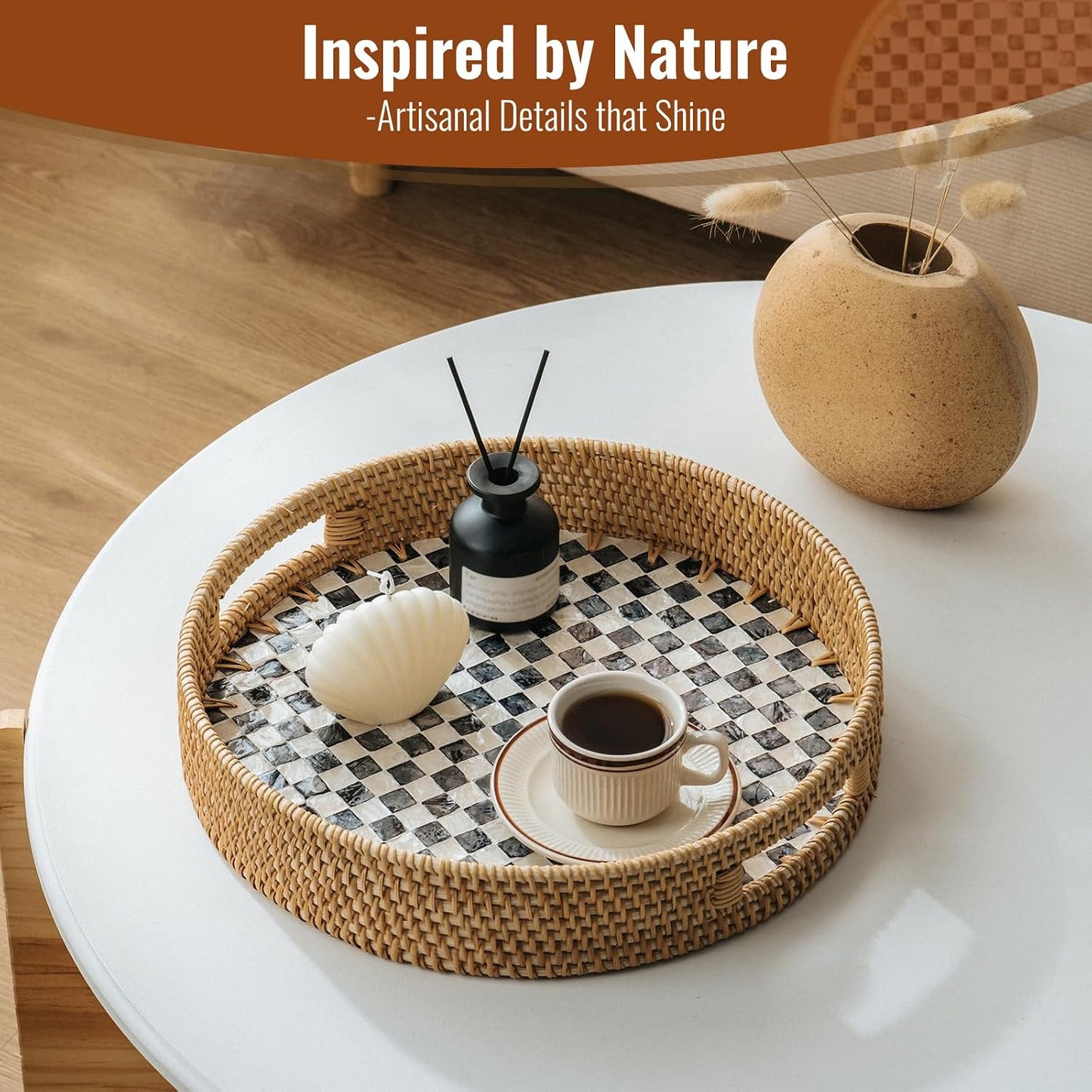 in Round Rattan Serving Tray / Black / 13.8 Inch