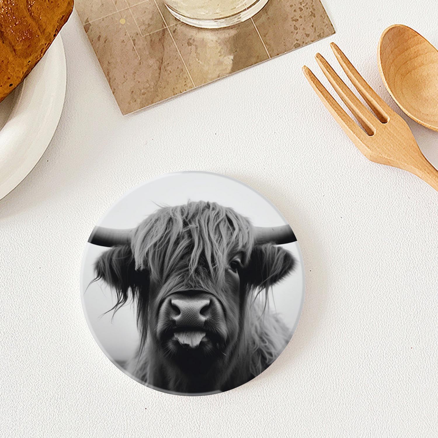 Holder / Ceramic Drink Coasters / 4 Inch / Elegant Cow / Black