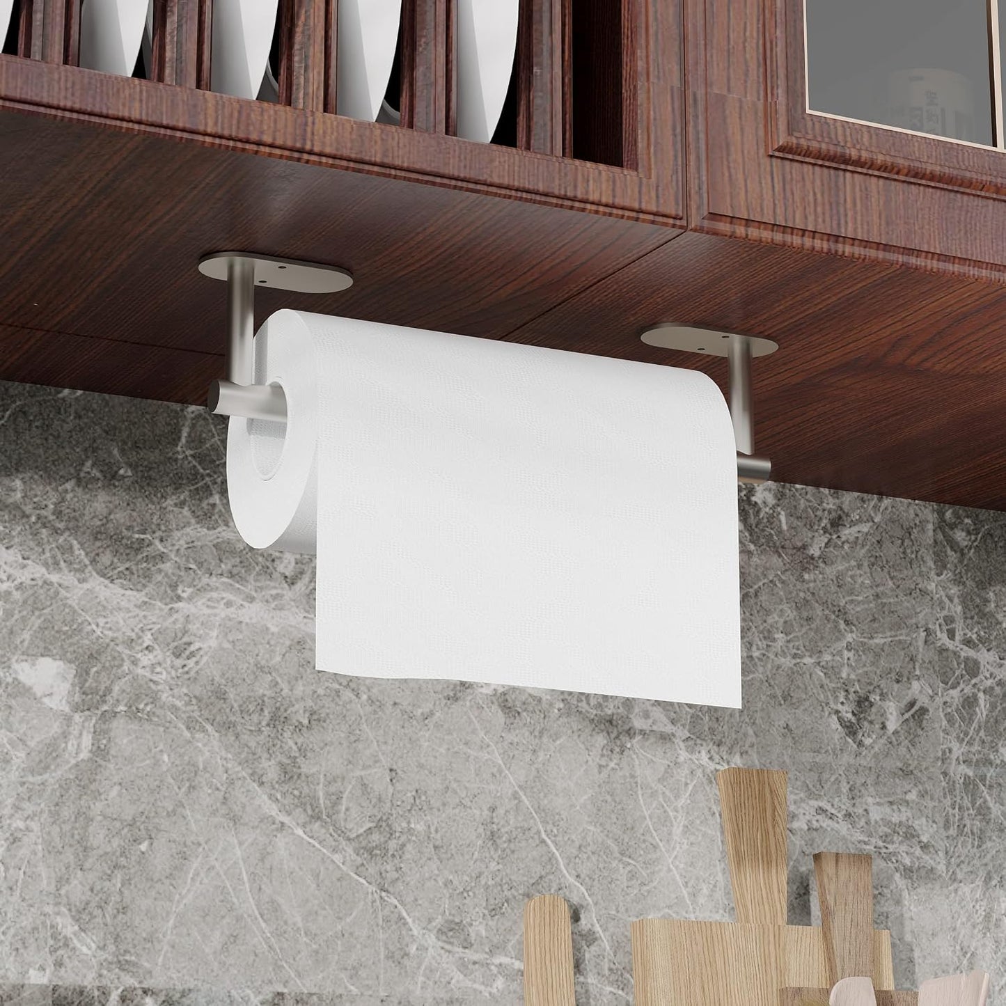 RUACQ Paper Towel Holder Under Cabinet, Stainless Steel, Silver | Drill Wall Mount or Adhesive, Round Base, Dual-Column