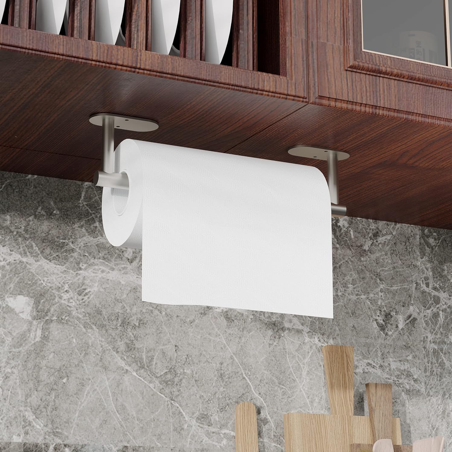 RUACQ Paper Towel Holder Under Cabinet, Stainless Steel, Silver | Drill Wall Mount or Adhesive, Round Base, Dual-Column