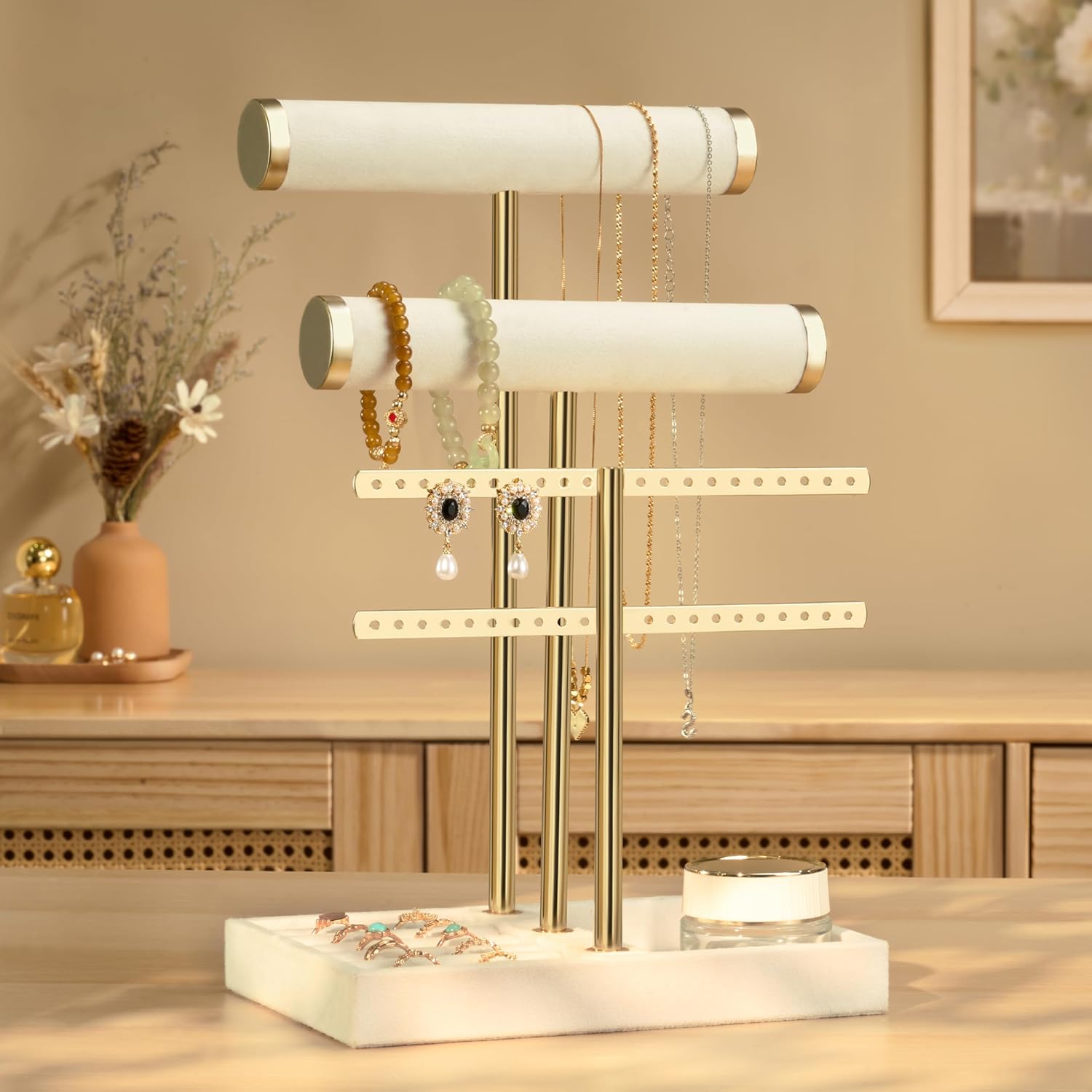 Detachable T Bar Velvet Bracelet Holder / Beige / Standard