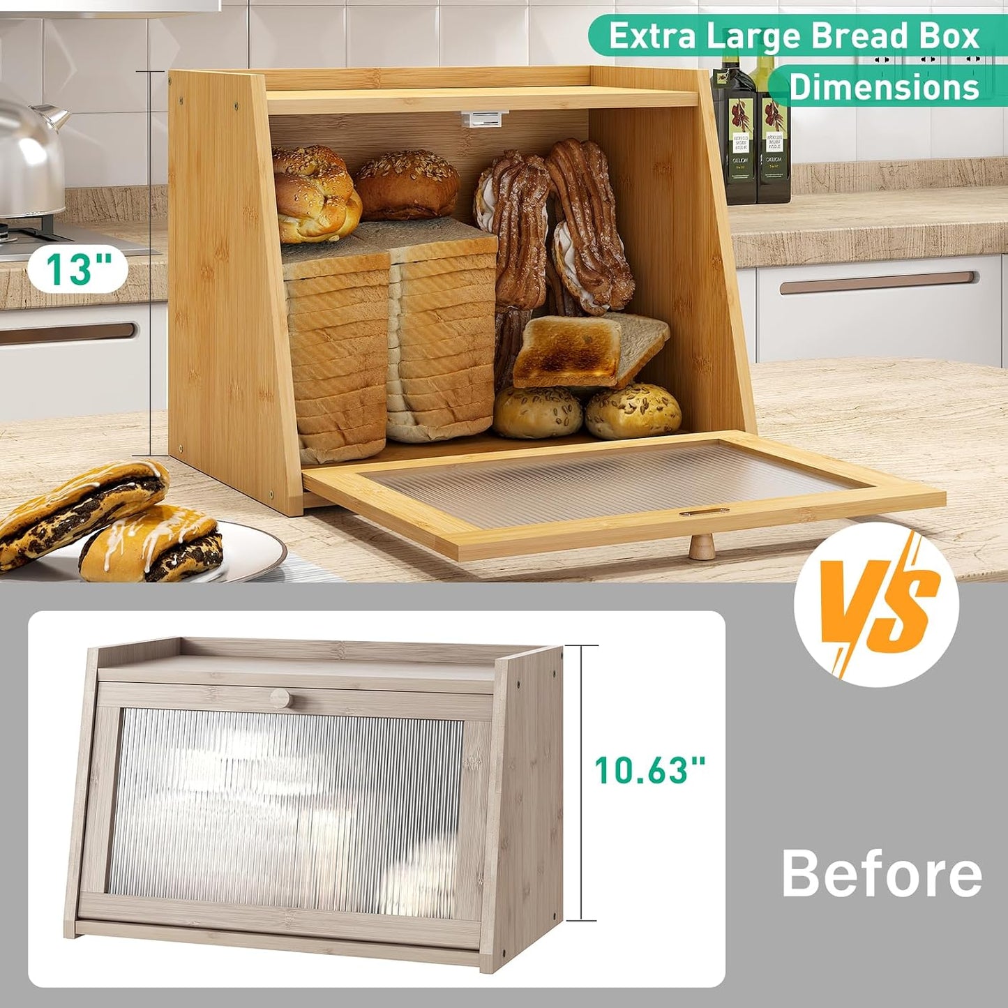 kiplant Large Bread Box for Kitchen Counter, Bamboo Bread Storage Container with Wavy Arcylic Transparent Door, Bamboo