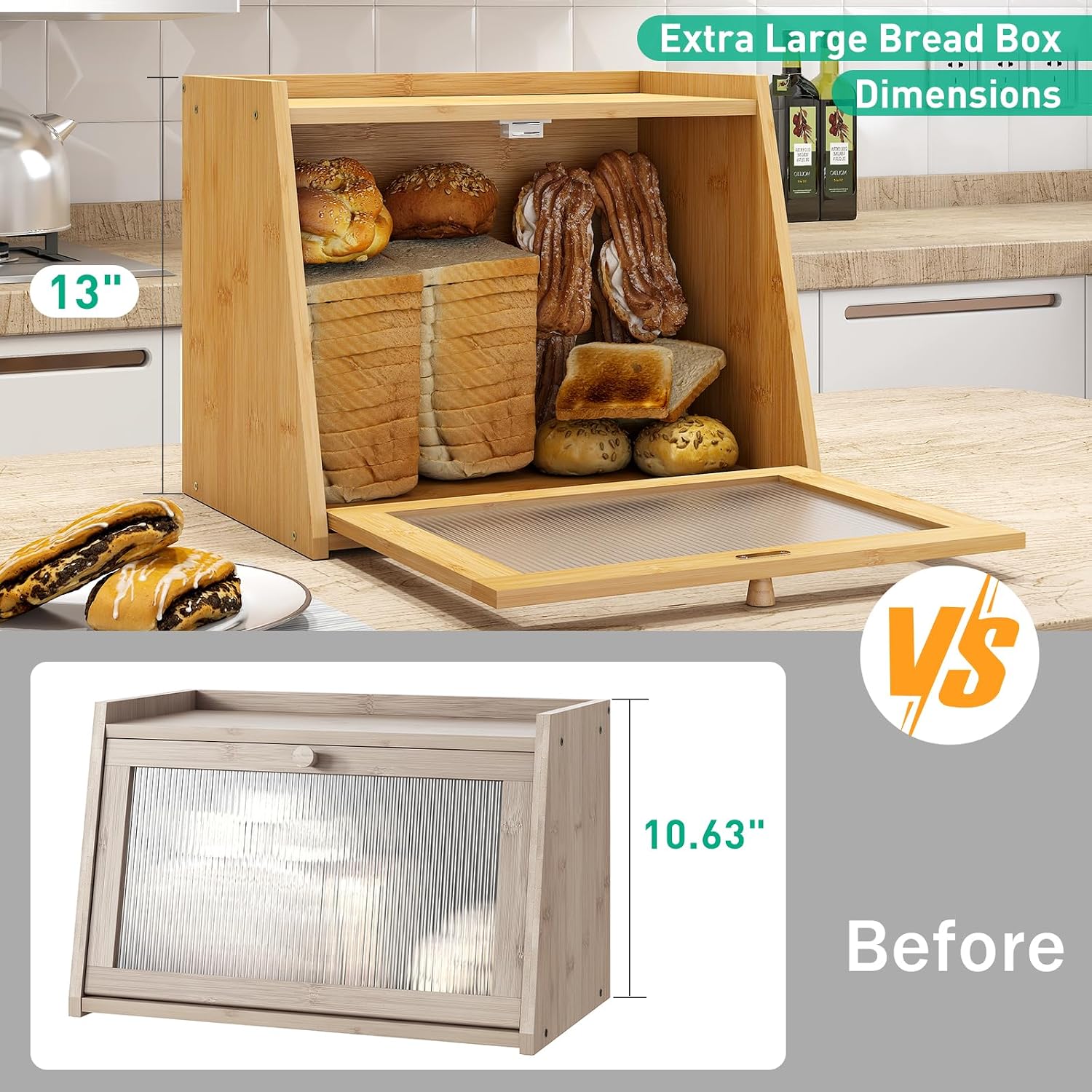 kiplant Large Bread Box for Kitchen Counter, Bamboo Bread Storage Container with Wavy Arcylic Transparent Door, Bamboo
