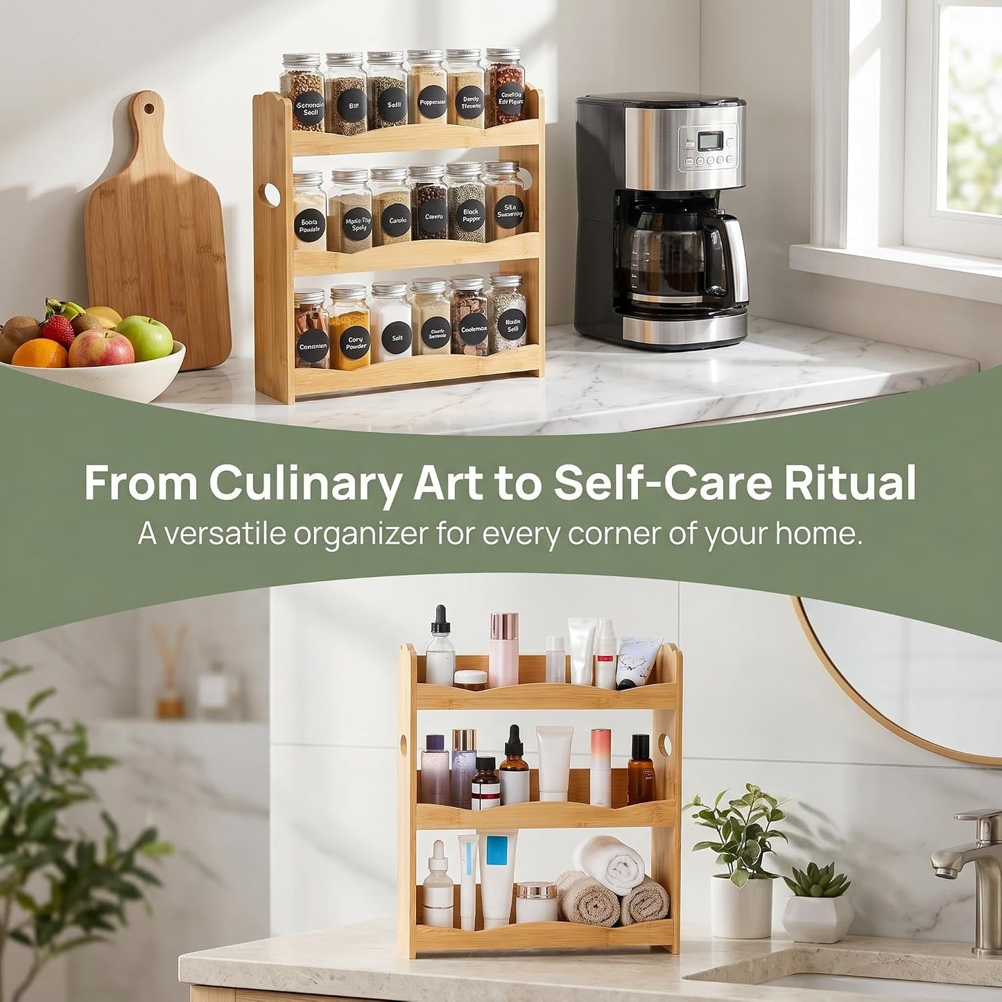 3-Tier Bamboo Spice Rack for Countertop, Wall Mounted Spice Holder Rack Seasoning Bottles Jar Organizer Shelf, Bathroom