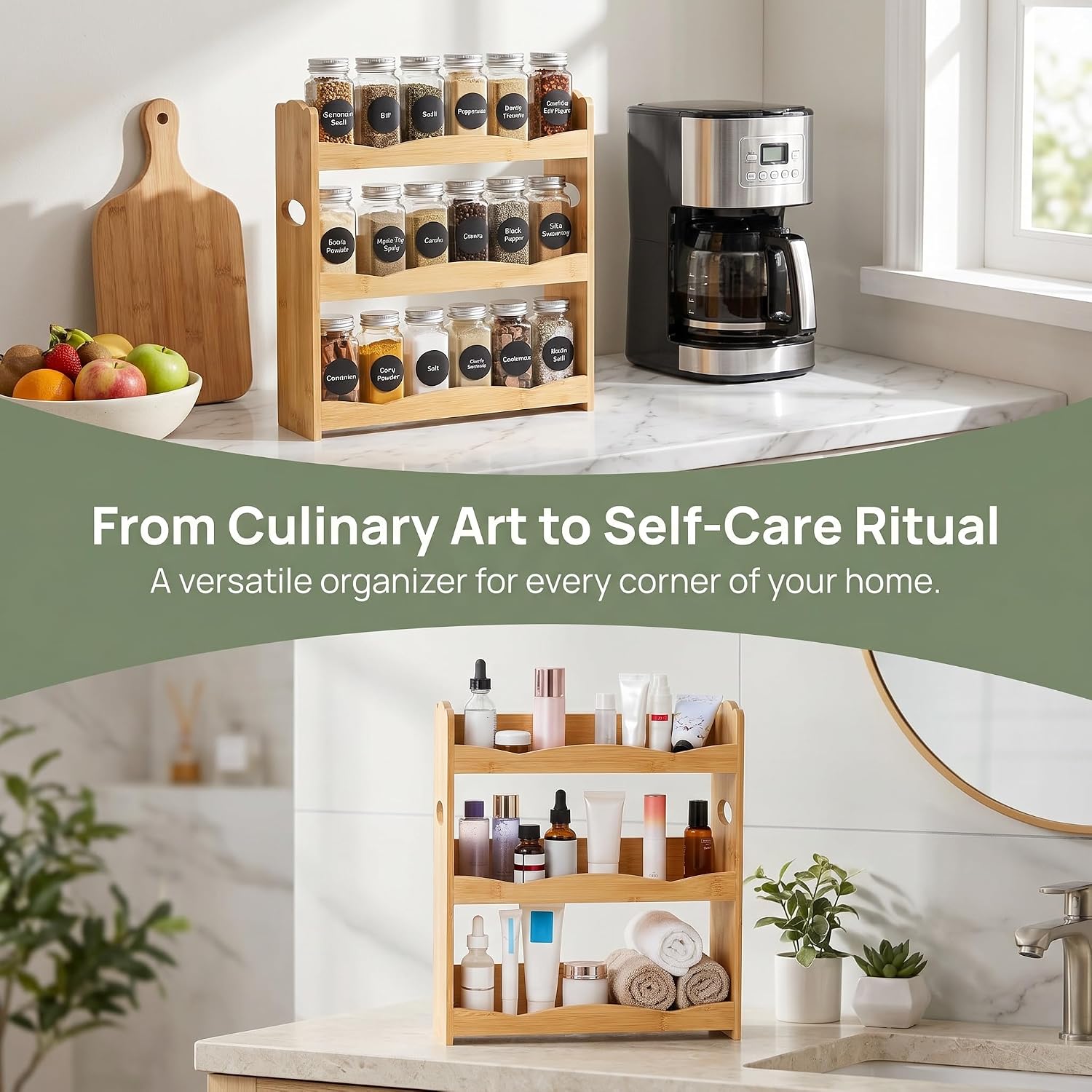 3-Tier Bamboo Spice Rack for Countertop, Wall Mounted Spice Holder Rack Seasoning Bottles Jar Organizer Shelf, Bathroom