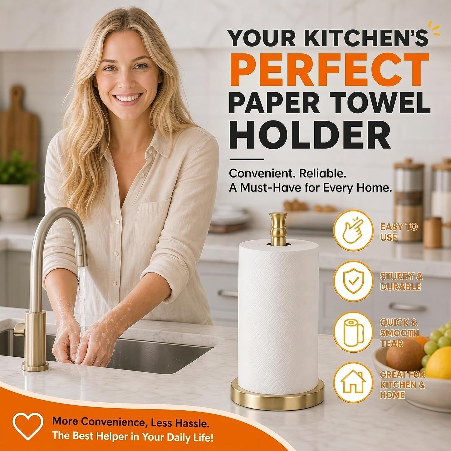 Paper Towel Holder, Stainless Steel Heavy Base (2LBS in Weight, and 6.7inch in Diameter), Gold Brushed Finish, Paper