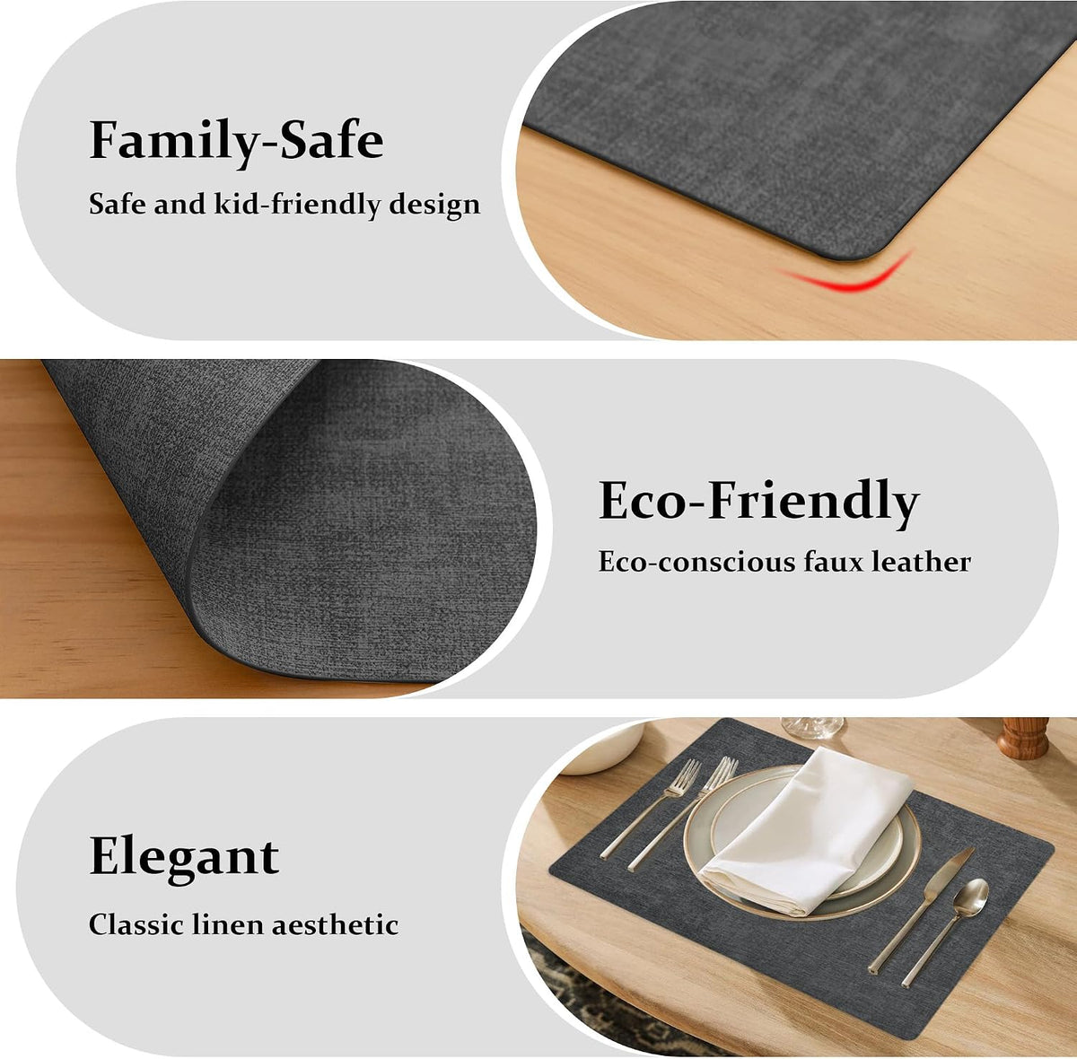 FROMHEART Faux Leather PU Placemats Set of 12 (Dark Grey,11.8" x 17") | Waterproof,Heat/Oil Stain-Resistant Table