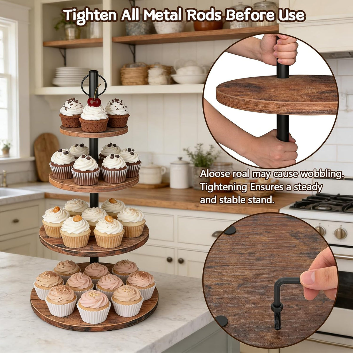 Cupcake Stand, 2 Pack Rustic Wood 4 Tier Cake Stand, Tiered Serving Tray | Round Wooden Dessert Display Set