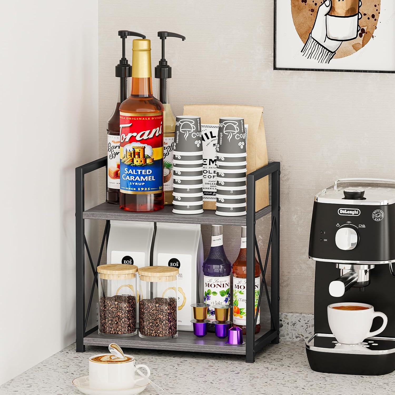 Giikin Countertop Shelf Organizer, 2 Tier Coffee Organizer for Desktop, Grey Counter Shelf Spice Rack for Kitchen